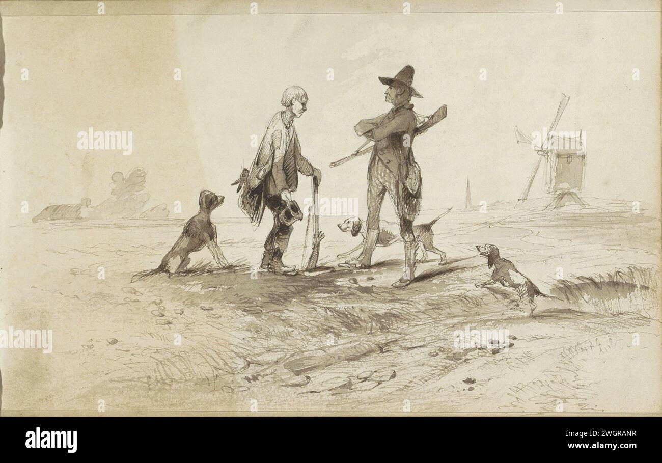 Hunters with dogs in a landscape with a mill, 1843 - 1844  Leaf 33 Recto from a sketchbook with 38 sheets.  paper. ink pen / brush windmill in landscape. hunter. firearms. dog Stock Photo
