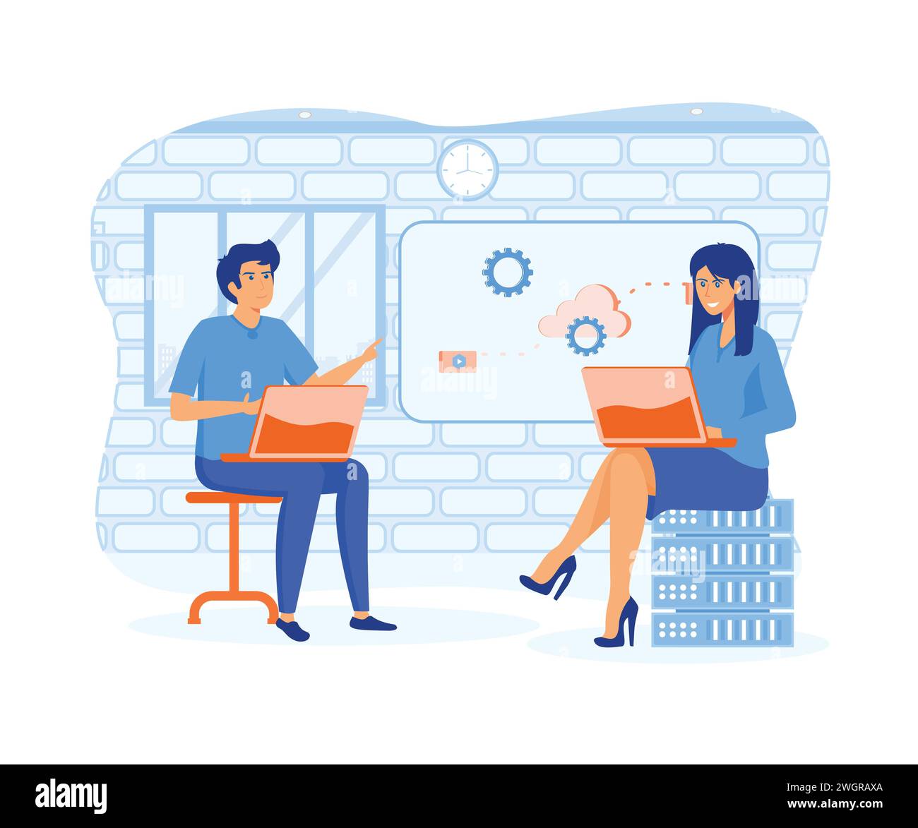 Cloud computing concept man and woman processing information at