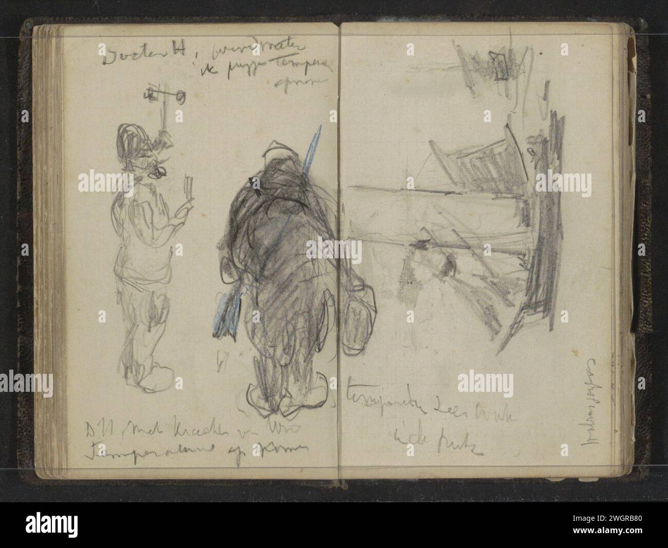 Dr. Hamaker during his work and Walrusjagers, 1880  On the left, Hamaker is busy with wind and temperature meters. Right walrus hunters at sea. Page 46 Verso and Page 47 Recto from a sketchbook with 110 sheets meant during the expedition to Nova Zembla in 1880. Hammerfest (Possibly) pencil. chalk  measuring-instruments (+ scholar, scientist (at work)). sailing-ship, sailing-boat Norwegian Sea Stock Photo