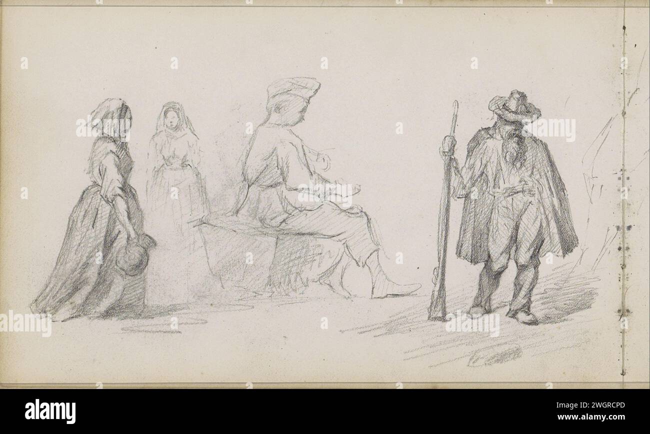 Woman with a jug and a man with a gun, 1874 - 1875  Also studies of a standing woman and sitting man. Page 30 Verso from a sketchbook with 46 sheets.  paper. pencil  standing figure - AA - female human figure. firearms: rifle. container of ceramics: jar, jug, pot, vase Stock Photo