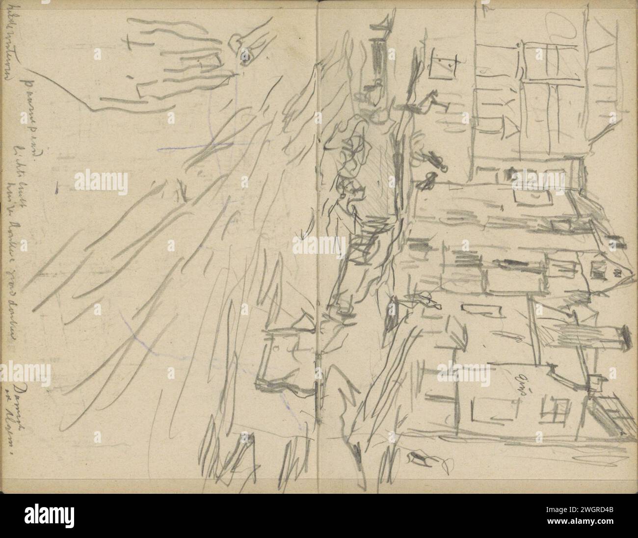 View of the demolition of buildings on Dam Square in Amsterdam, George Hendrik Breitner, c. 1903  View of the demolition of buildings on Dam Square in Amsterdam, possibly seen from number 8, the General Expedition Society for Operation of Staatsspoorwegen. Page 55 and Page 56 from a sketchbook with 46 sheets made in Amsterdam and Haarlem. Amsterdam paper. pencil  urban housing. demolition of building Dam Stock Photo