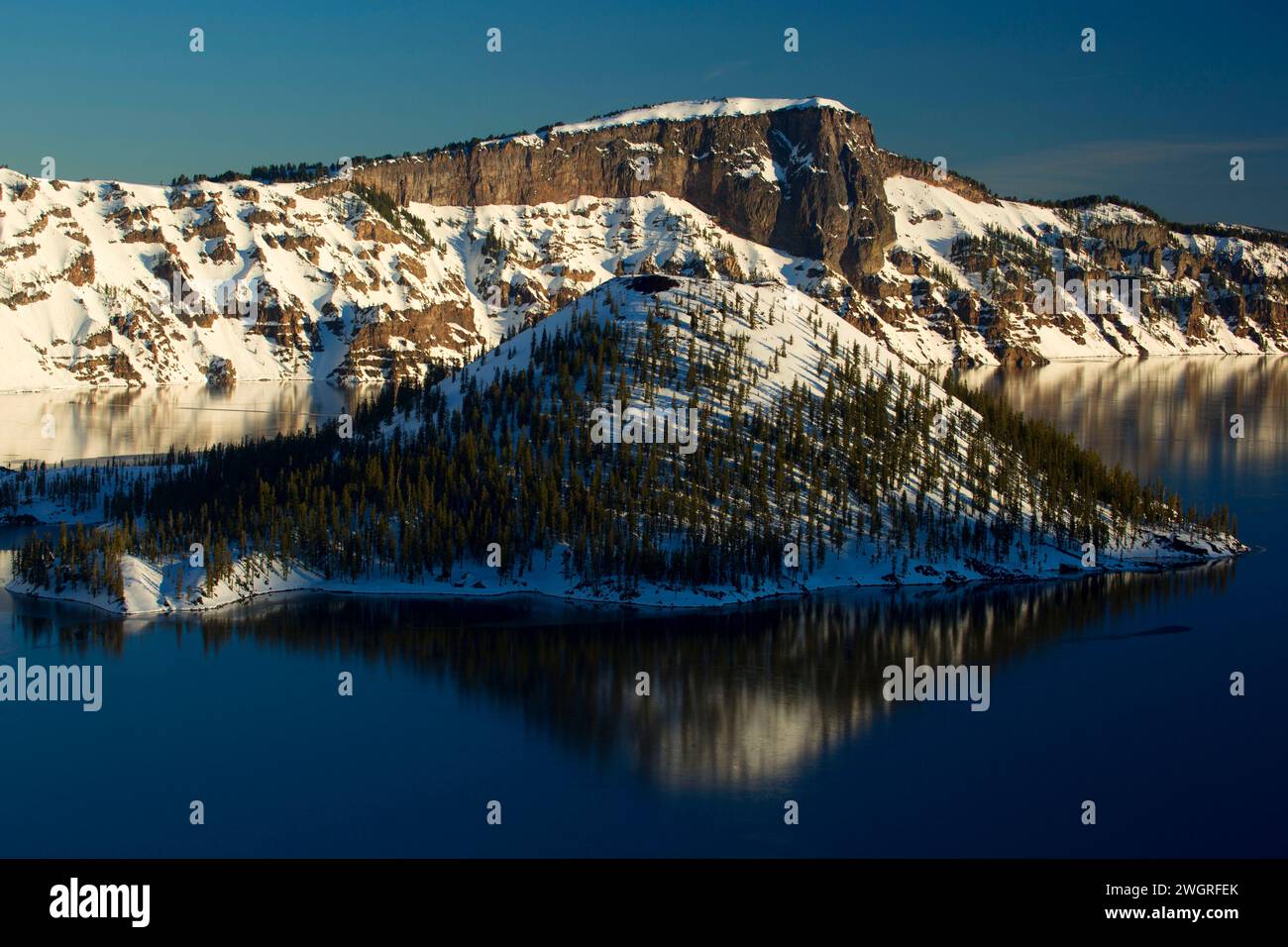 Wizard Island with Llao Rock, Crater Lake National Park, Oregon Stock Photo