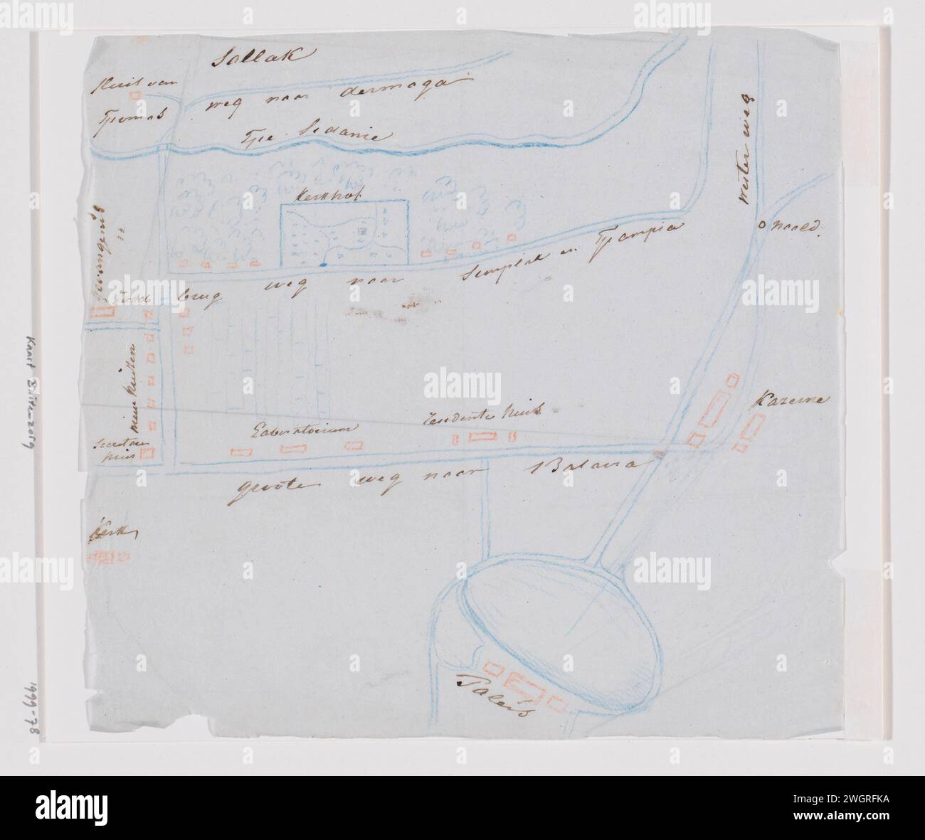 Topographic sketch map of Buitenzorg (Bogor), West-Java, Adrianus Johannes Bik, c. 1816 - c. 1846 drawing Topographic sketch card (map) from Buitenzorg (Bogor), West Java; Explanation with pen on liquid paper. Outdoor care blotting paper. pencil pen Stock Photo
