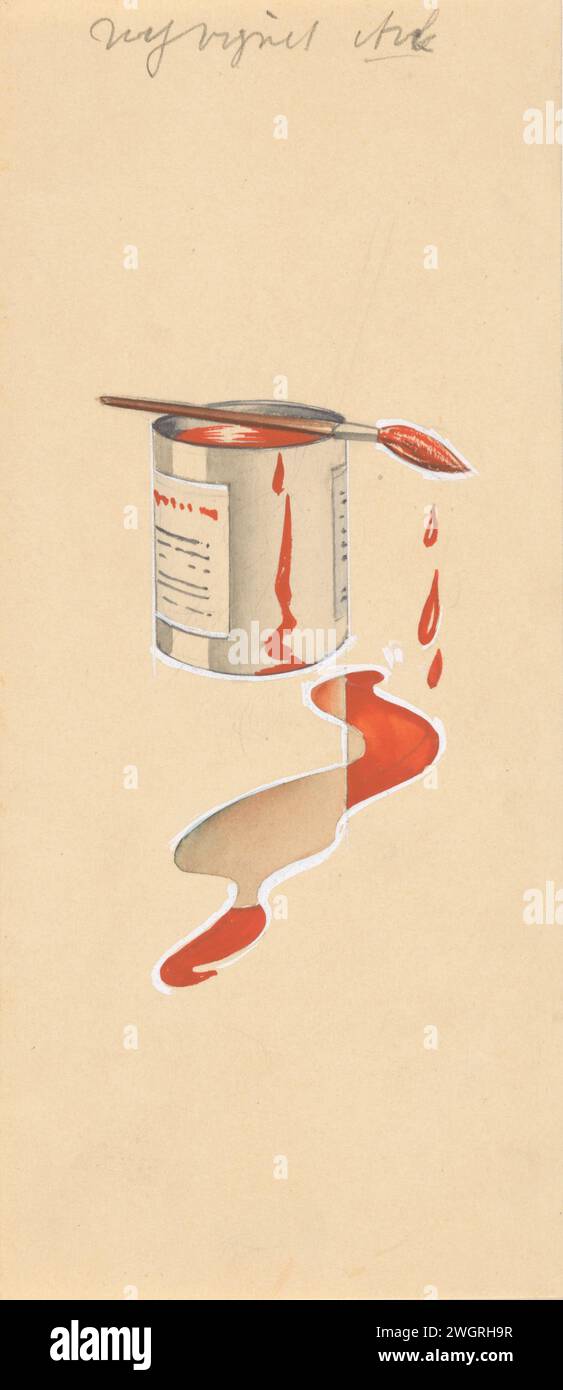 LOOK RED Paint with Kwast, 1913 - 1970 drawing On an open glance with red paint is a brush that drips paint.  paper. watercolor (paint). pencil. deck paint brush colours, pigments, and paints. container of metal: bucket, can, canister, drum, tin. brushes  implements of painter Stock Photo