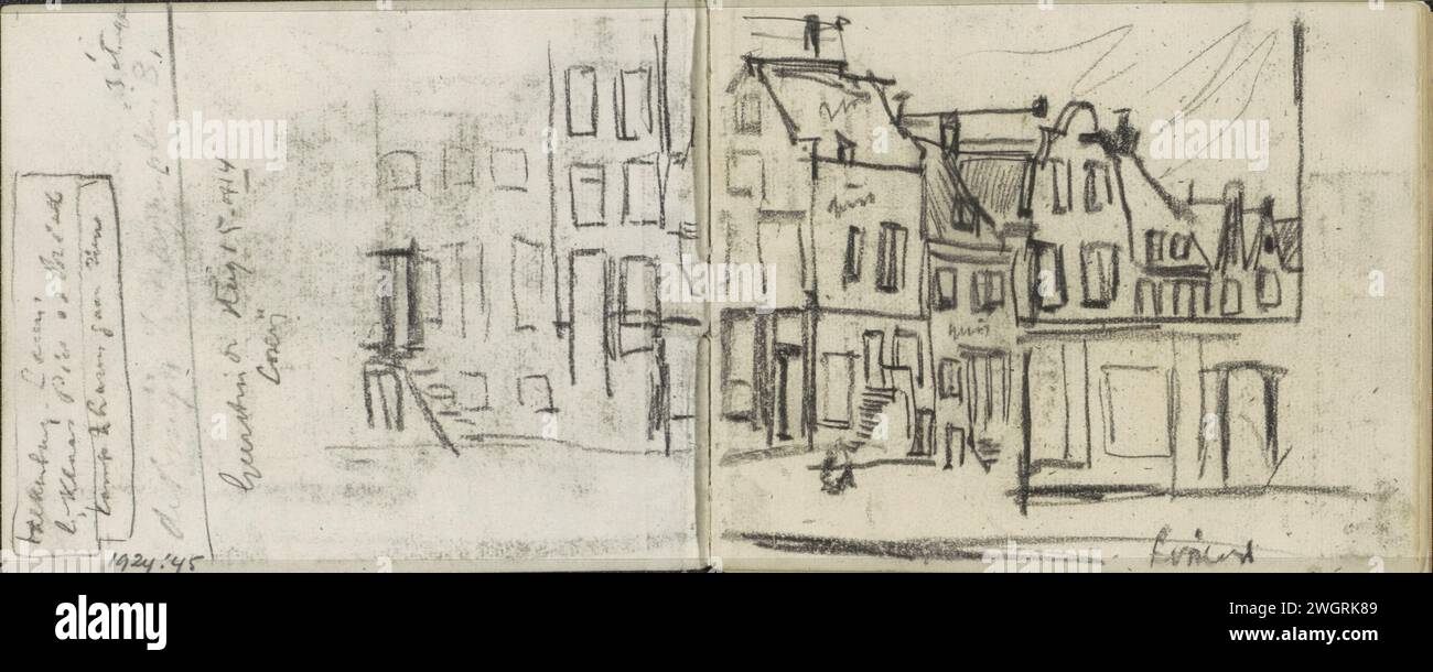 Houses on the Looiersgracht in Amsterdam, George Hendrik Breitner, 1886 - c. 1903  Page 1 and Page 2 from a sketchbook with 32 sheets. Amsterdam paper. chalk  street (+ city(-scape) with figures, staffage). urban housing Tanning grease Stock Photo