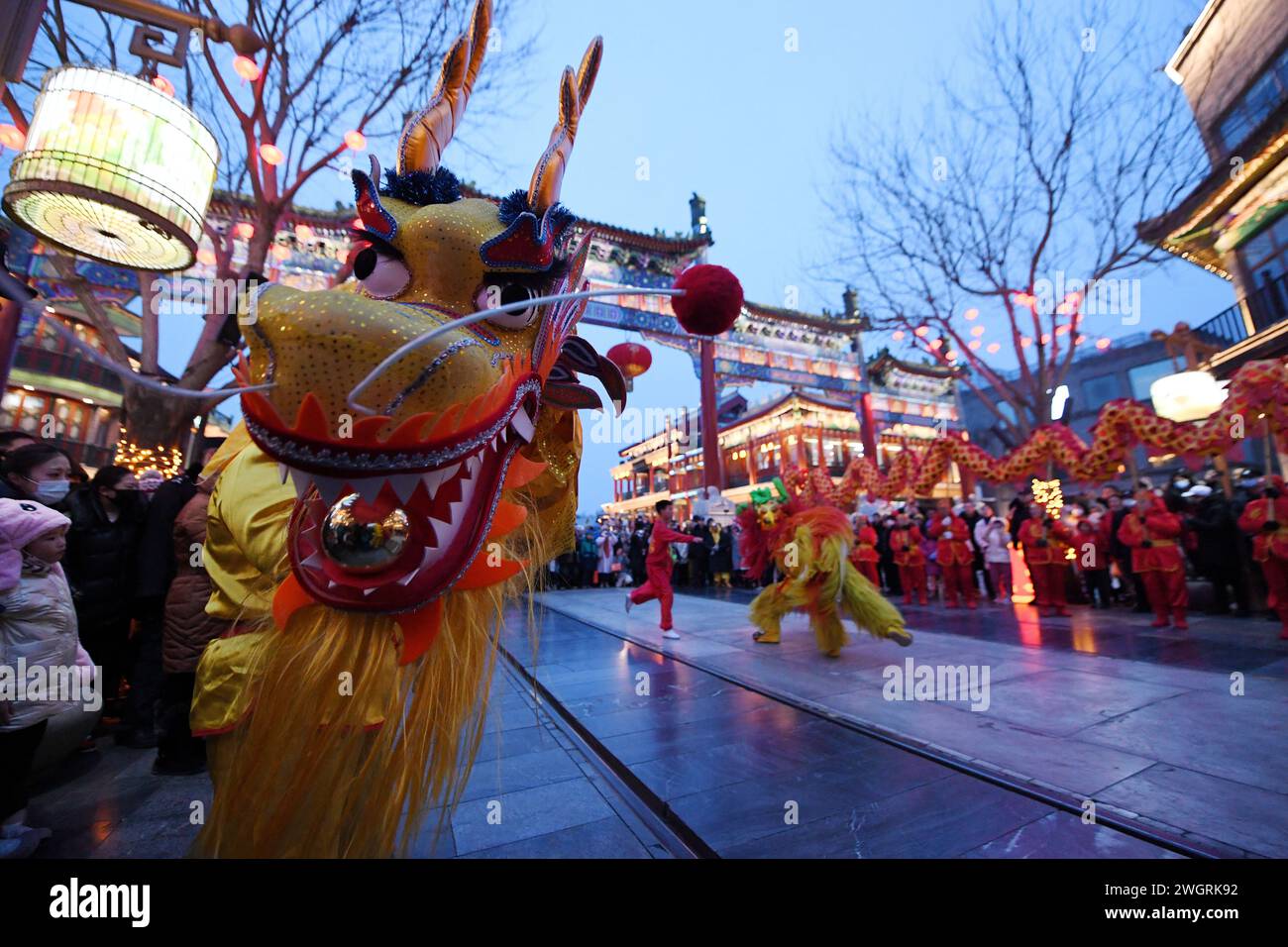 (240206) -- BEIJING, Feb. 6, 2024 (Xinhua) -- People watch dragon dance at the Qianmen Street in Beijing, capital of China, Feb. 2, 2024.  First created in the Yuan Dynasty (1271-1368), the Beijing Central Axis, or Zhongzhouxian, stretches 7.8 kilometers between the Yongding Gate in the south of the city and the Drum Tower and Bell Tower in the north. Gates, palaces, temples, squares and gardens of the old city are all linked up to the axis.    As the Spring Festival of the Year of the Dragon approaches, many festive elements with the theme of 'dragon' have been spotted at the axis of Beijing, Stock Photo