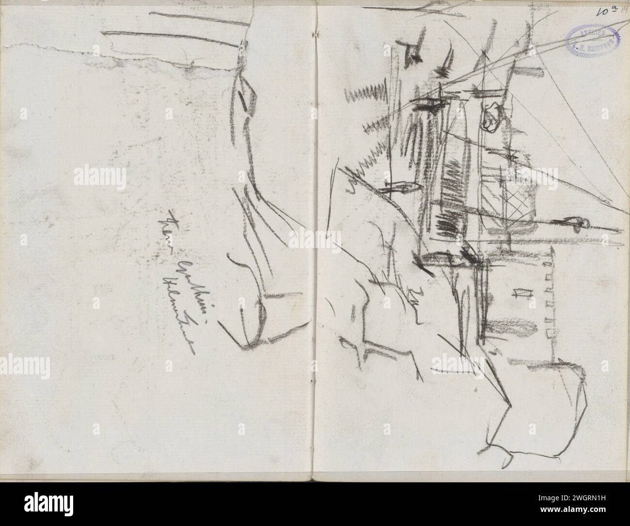 Construction of the Wilhelmina Gasthuis on the First Helmersstraat in Amsterdam, George Hendrik Breitner, c. 1891 - c. 1894  Page 13 and page 14 from a sketchbook with 15 sheets. Amsterdam paper. chalk  building-site. civic architecture; edifices; dwellings First Helmersstraat. Wilhelminagasthuis Stock Photo