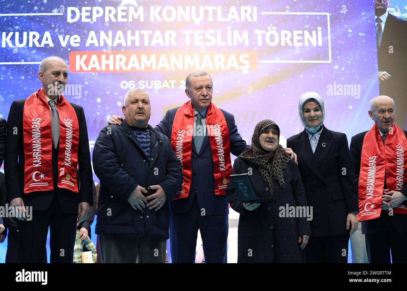 Turkish President Recep Tayyip Erdogan attends the ceremony of handing over the keys to the new homes Turkish President Recep Tayyip Erdogan attends the ceremony of handing over the keys to the new homes built by the Turkish government for those affected by the earthquake that struck Kahramanmara, on 06 February 2024. Photo by Turkish presidency  apaimages Kahramanmara Istanbul Turkey 060224 Turkey TPO 003 Copyright: xapaimagesxTurkishxpresidencyxxapaimagesx Stock Photo