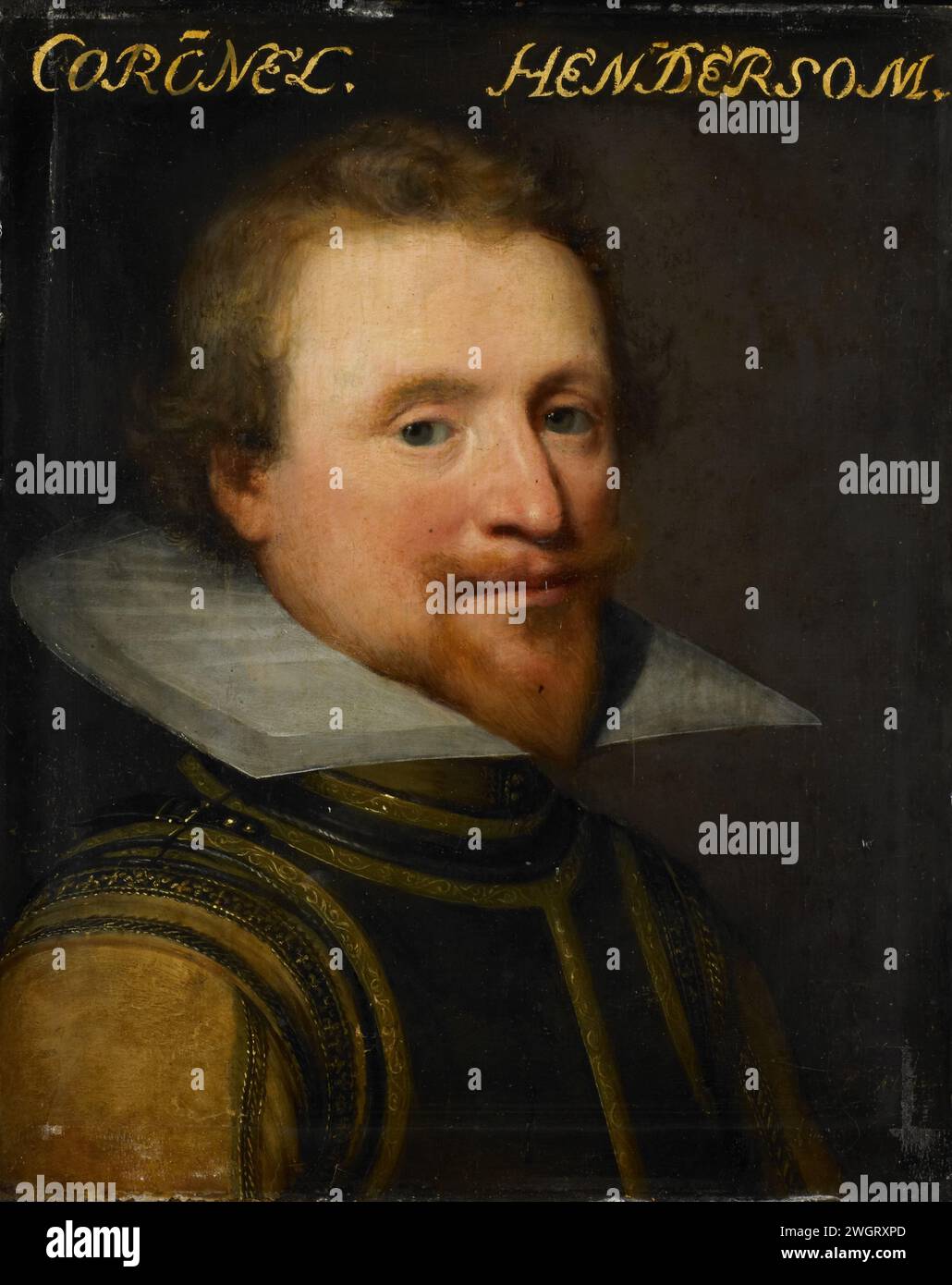 Portrait of Sir Robert Henderson of Tunasgask (1566-1622), Jan Antonisz van Ravesty (workshop of), c. 1609 - c. 1633 painting Portrait of Sir Robert Henderson or Tunnegask (or TunnyGask) (1566-1622). Died in 1622 during the siege of Bergen op Zoom. Commander of the Scotten Regiment in the Netherlands. Bust to the right. Part of the series of portraits from the Stadhouderlijk Hof in Leeuwarden.  panel. oil paint (paint)  historical persons Stock Photo