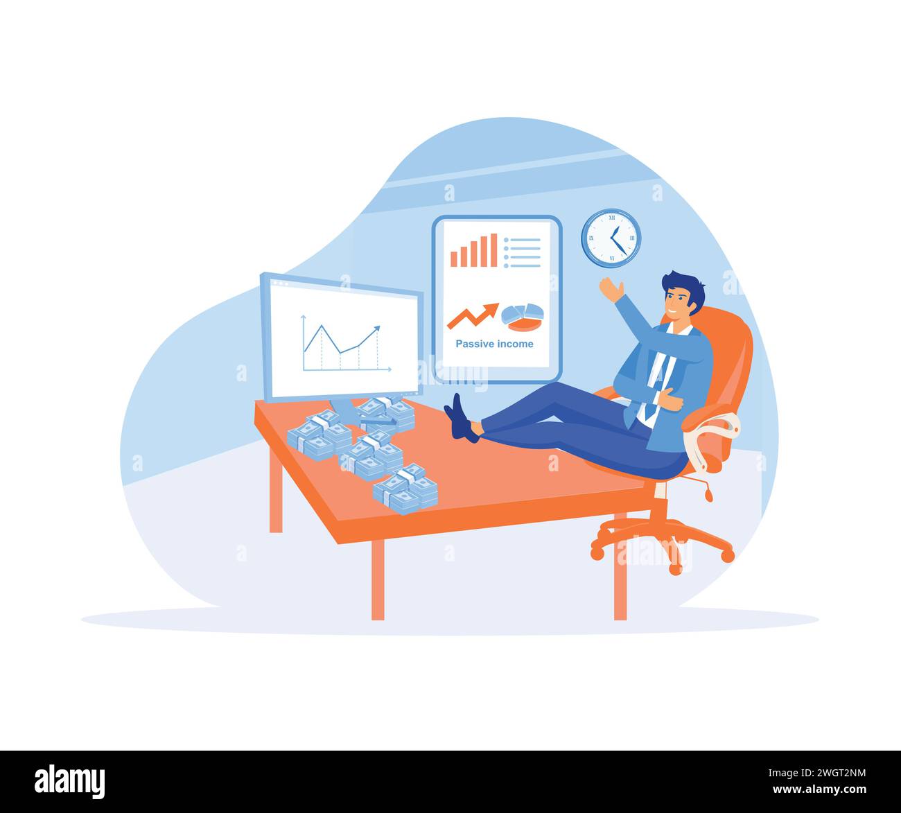 Businessman relaxing in chair working with computer and earning coins. flat vector modern illustration Stock Vector