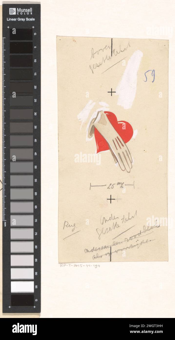 Ladies glove over a heart, 1913 - 1970 drawing   paper. paint (coating). deck paint. pencil brush heart symbolism. gloves, mittens, etc. Stock Photo