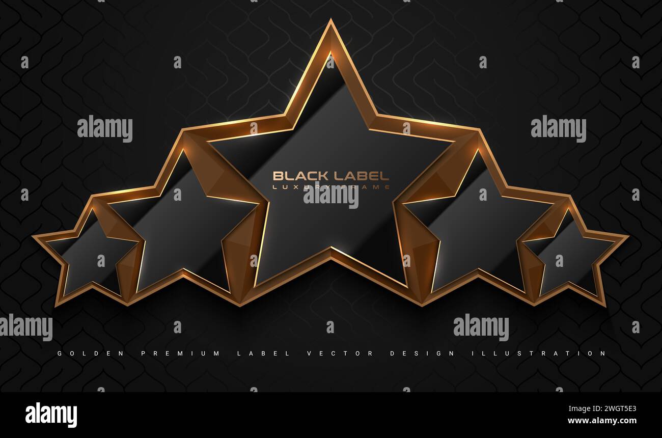 Black glossy 5 star top rank logo badge frame. Luxury gold polygonal stone sign, golden rim border, black background. Abstract vector premium Stock Vector