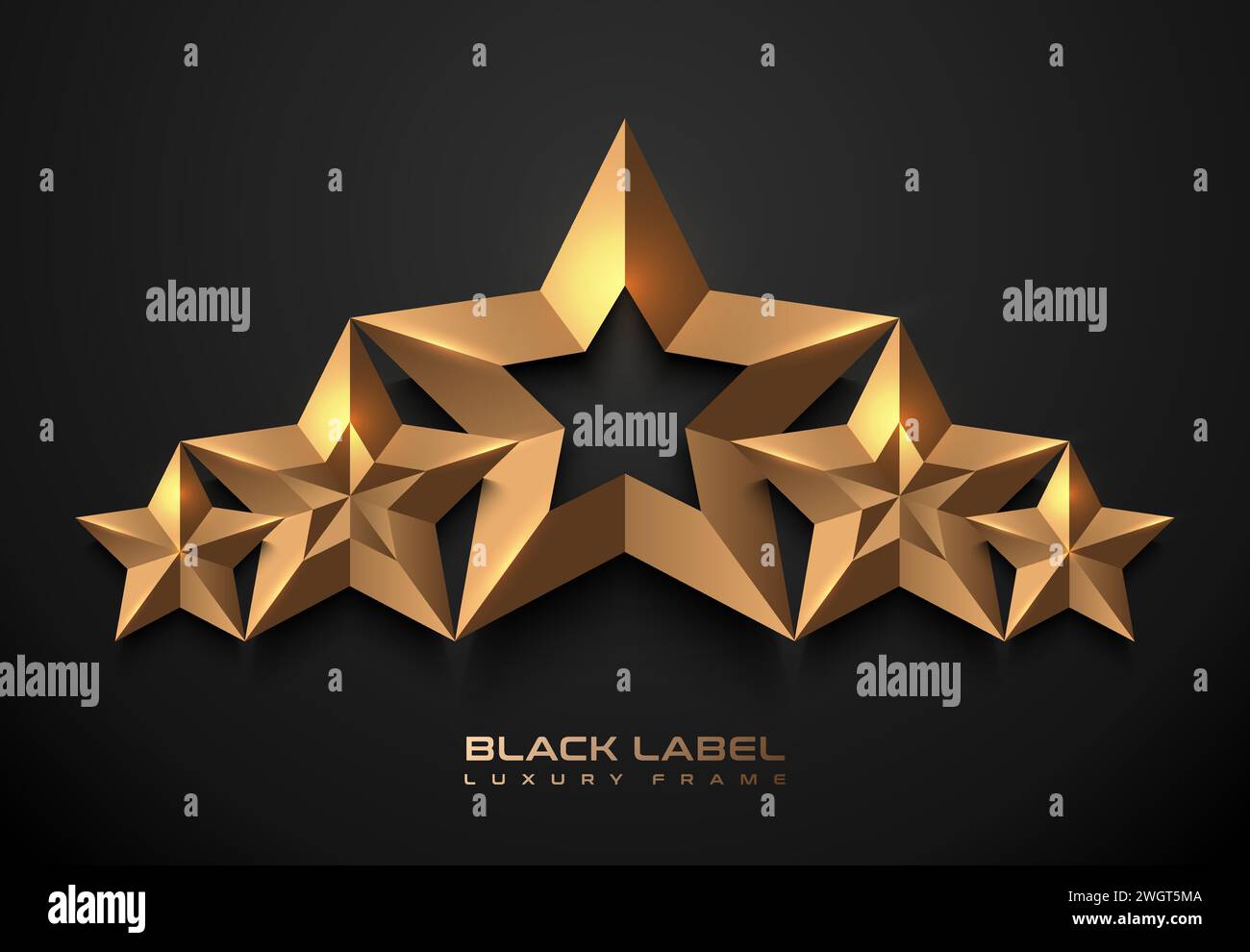 Golden faceted 5 star top rank logo badge. Luxury gold sign, black background. Abstract vector premium achievement five star icon. Reflection light Stock Vector