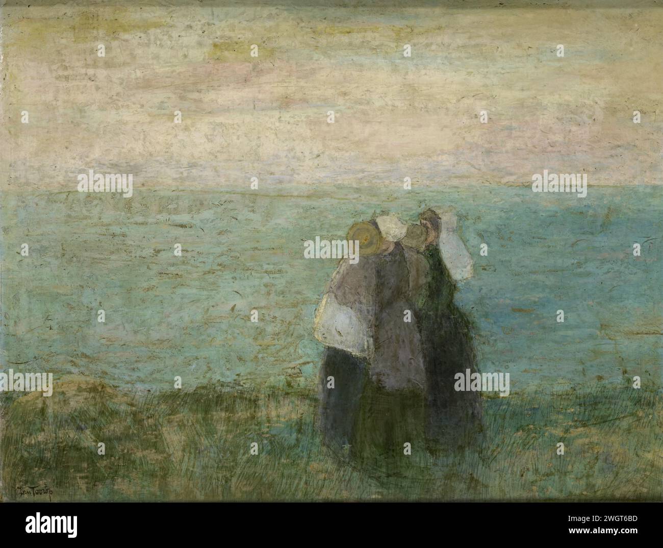 Women aan Zee, Jan Toorop, 1885 - 1897 painting Women by the sea. Two women walk with a child on their arms along the sea.  cardboard. oil paint (paint)  coast (+ landscape with figures, staffage). adult woman Stock Photo