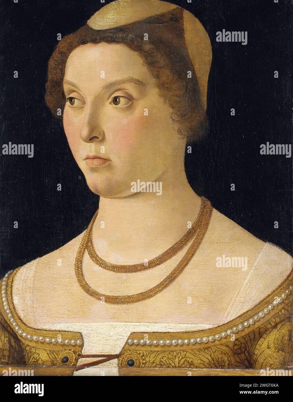 Portrait of a Woman, Giovanni Bellini (circle of), 1450 - 1470 painting Portrait of a woman. Bust with a double gold necklace around the neck.  panel. oil paint (paint)  anonymous historical person portrayed Stock Photo