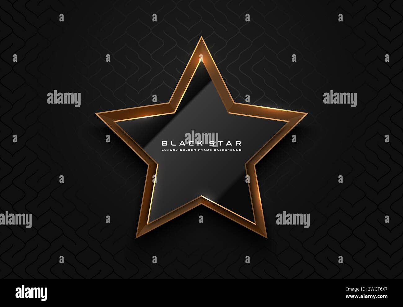 Gold edge glossy black star shape logo frame. Luxury frame, golden rim border, black pattern background. Abstract vector premium achievement glass Stock Vector