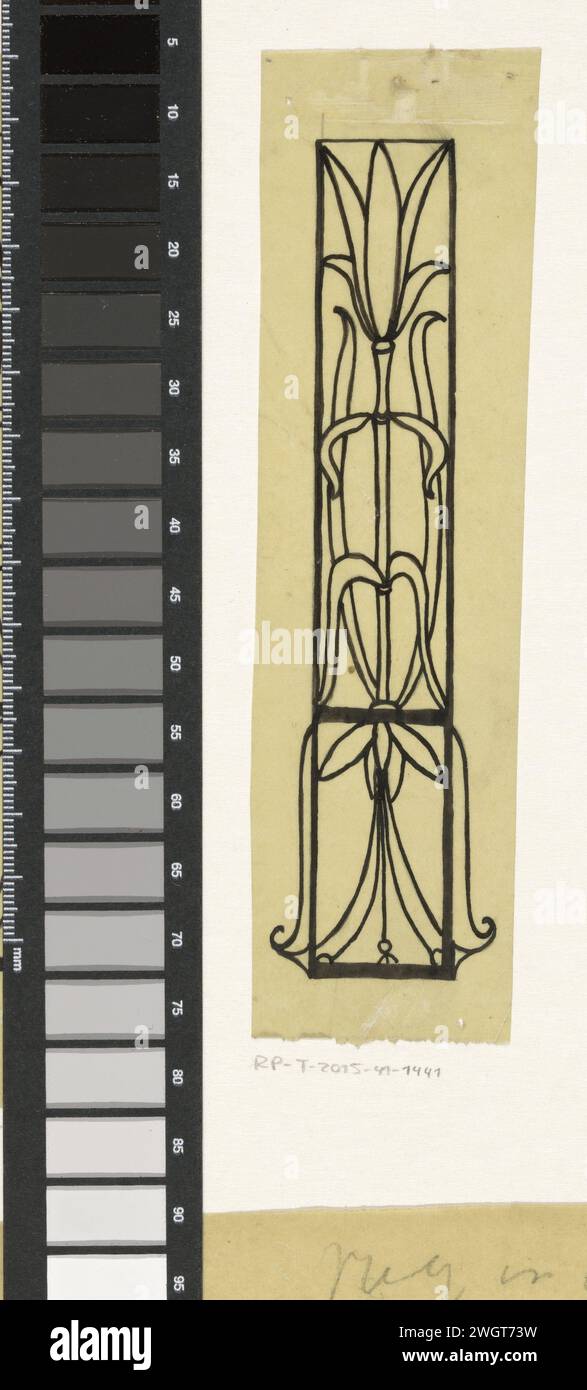 Band design for: Louis Couperus, Extaze: a book of happiness, 1894, Richard Nicolaüs Roland Holst, in Or Before 1894 drawing Stylized floral pattern in a rectangular frame.  tracing paper. ink. pencil pen / brush flowers ~ ornament Stock Photo