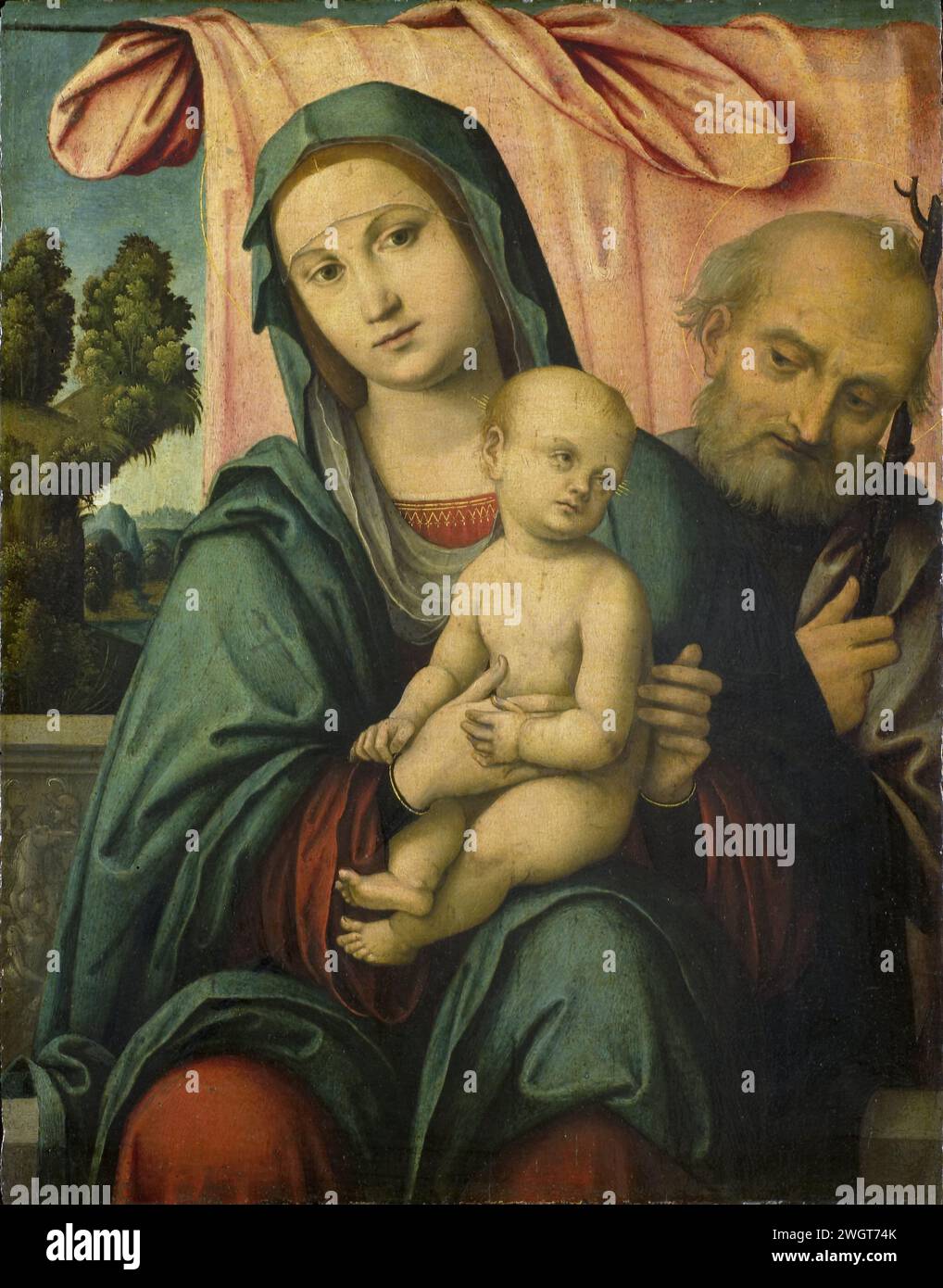 The Holy Family, Lorenzo Costa (attributed to), 1490 - 1510 painting The Holy Family. Maria is decorated on a couch with relief work with the Christ child on the knee.  panel. oil paint (paint)  Mary sitting or enthroned, the Christ-child sitting on her knee (Christ-child to Mary's left). Holy Family (alone), 'Trinitas terrestris' Stock Photo