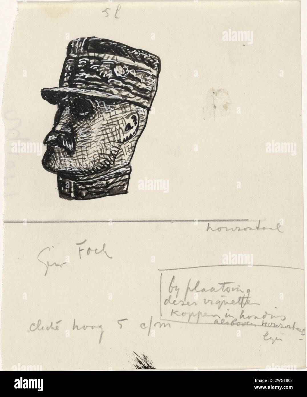 Portrait of Ferdinand Foch, Leo Gestel, 1934 - 1936 drawing   paper. deck paint. pencil. India ink (ink) brush historical persons. (COHEN, Van Anarchist tot Monarchist) specific works of literature (with AUTHOR, Title). commander-in-chief, general, marshal Stock Photo
