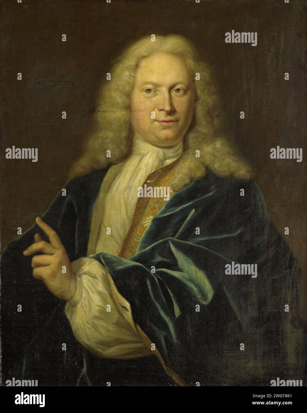Portrait of Jan Hendrik van Heemskerck, Count of the Holy Roman Empire, Lord of Achttienhoven, Den Bosch and Eyndschoten, Captain of the Citizenry or Amsterdam (Johan Hendrik Graaf van Heemskerk), Jan Maurits Quinkhard, 1710 - 1730 painting Portrait of Jan Henry van Heemskerck (1689-1730), count of the Holy Roman Empire, Lord of eighteenhoven, Den Bosch and Eyndschoten. Captain Der Burgerij in Amsterdam. Halved, with lifted and gesting left hand.  canvas. oil paint (paint)  historical persons Stock Photo