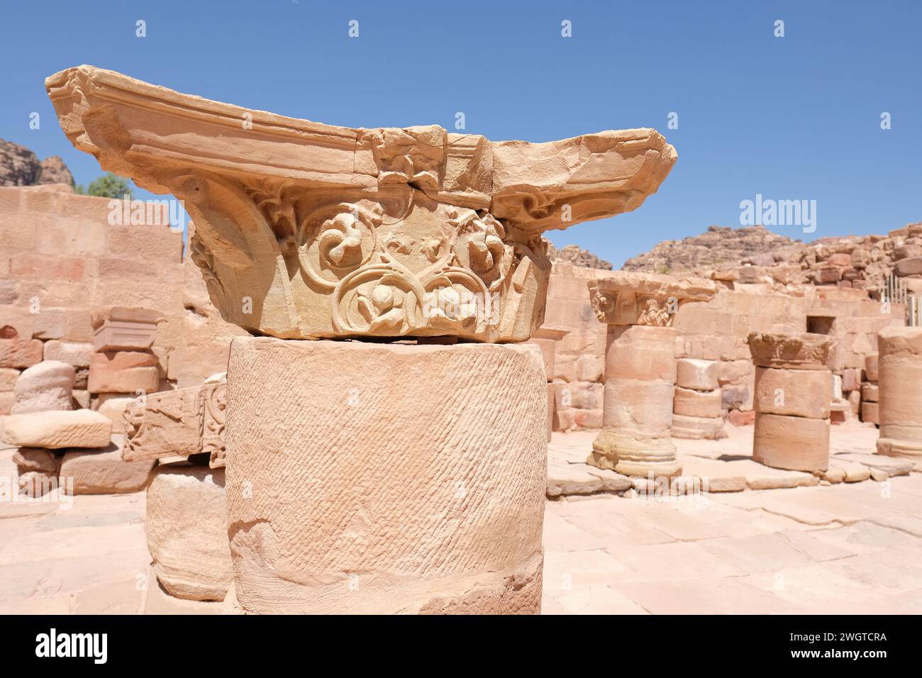 Petra Jordan ancient ruins of the Petra Church ( Byzantine Church ) among the ancient Nabatean city photo August 2023 Stock Photo