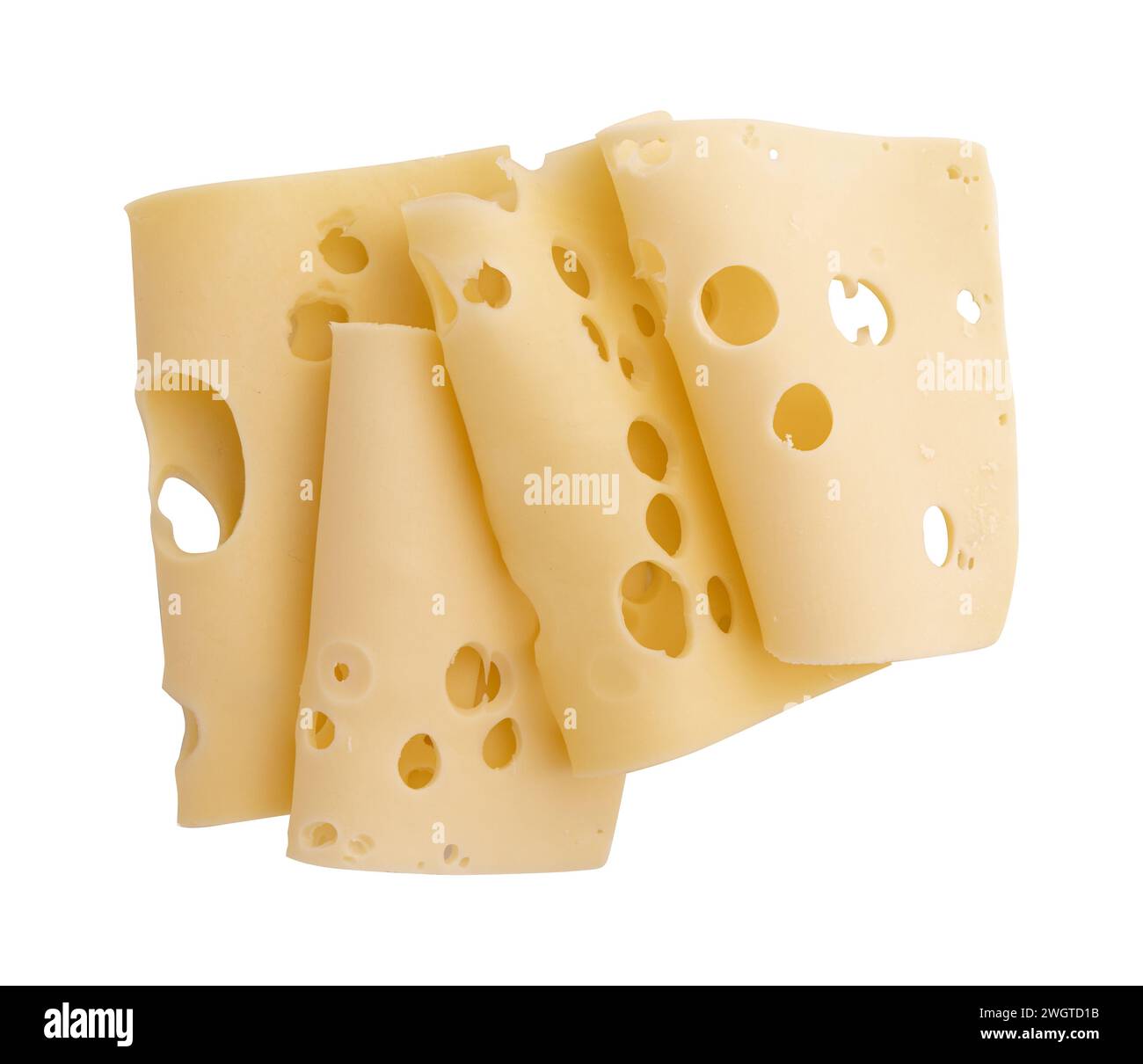maasdam cheese slices with holes closeup, swiss cheese isolated on white background with clipping path, top view Stock Photo