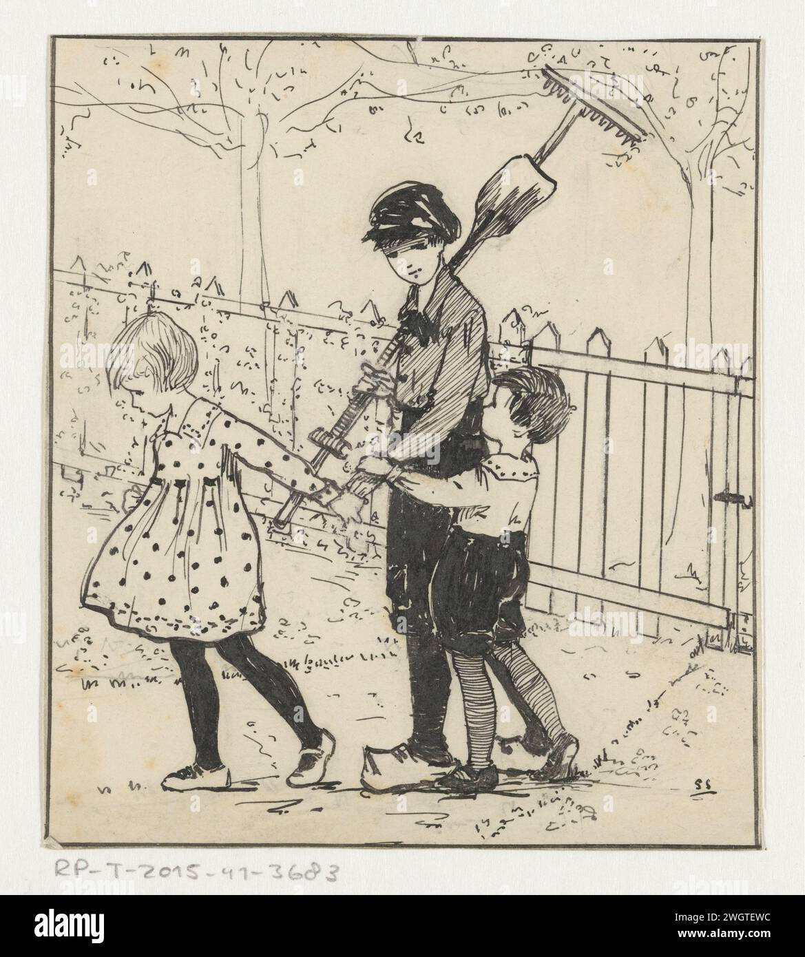 Children pull the arm of a boy, unknown, c. 1880 - c. 1930 drawing A boy and girl pull on the arm of an older boy who wears a kick and rake. A garden fence in the background.  cardboard. pencil. India ink (ink) pen / brush gardening-tools. fence, wall, paling Stock Photo