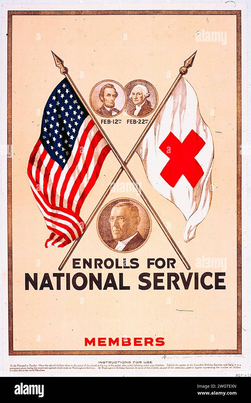 Poster Enrolls For National Service, USA flag. Stock Photo