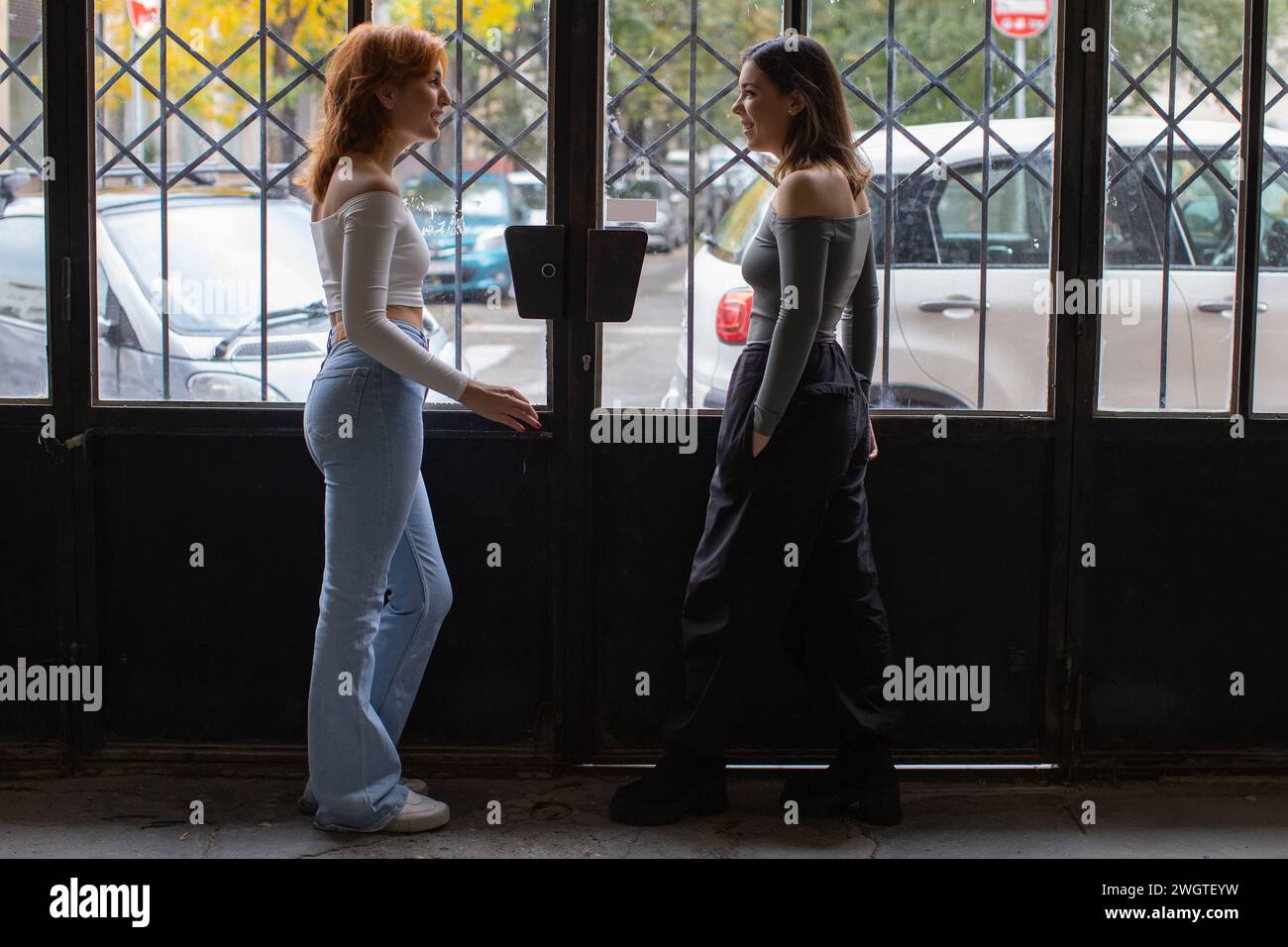 two girlfriends talking to each other in the porch Stock Photo - Alamy
