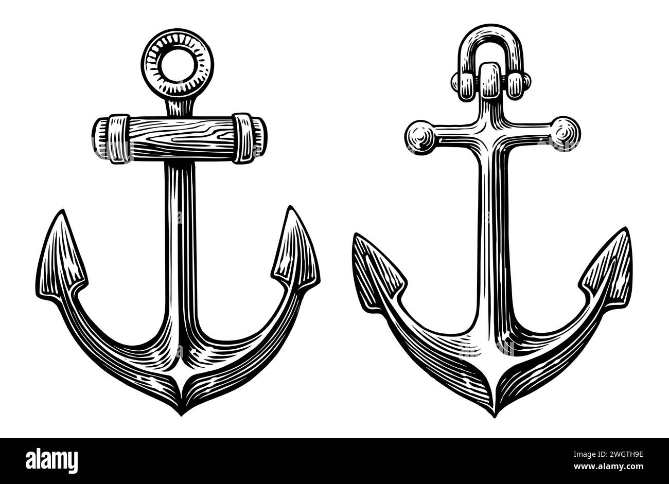 Ship anchor in engraving style. Hand drawn sketch vintage vector illustration Stock Vector