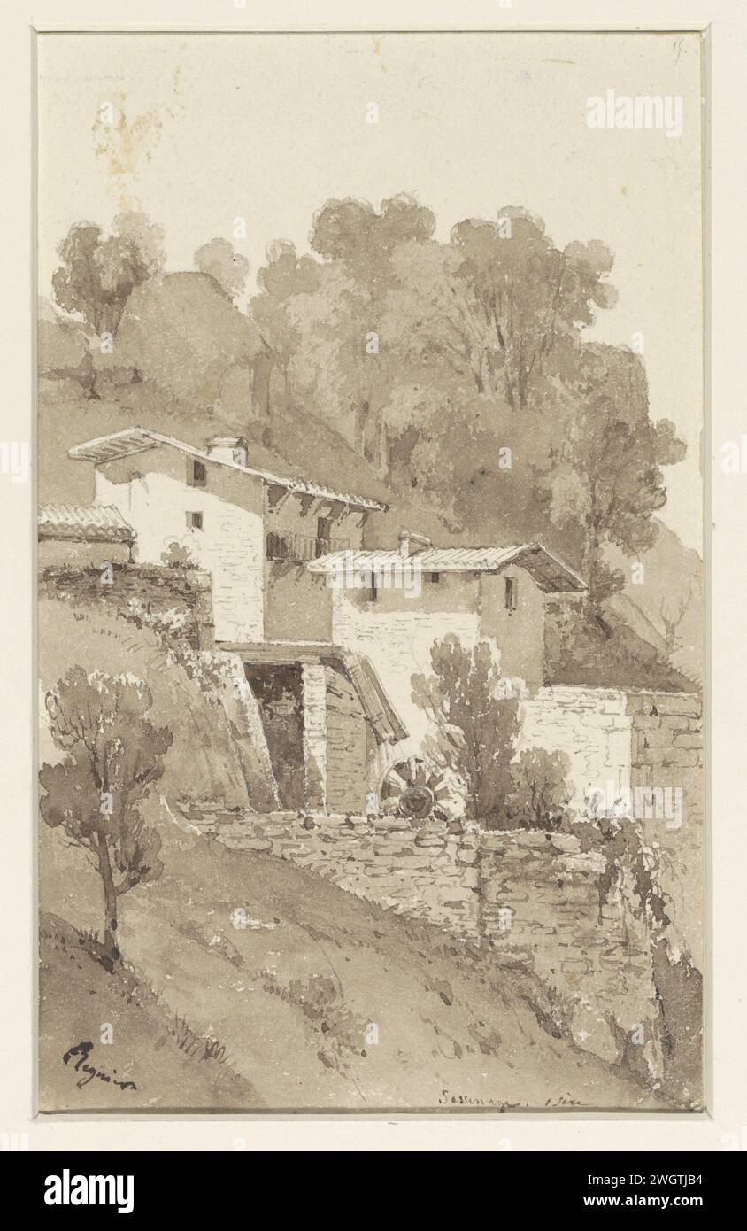 Watermill against a mountain ridge, A Regnier (Nthony?), 1832 - 1842 drawing   paper. ink. pencil. chalk pen / brush watermill in landscape Sassenage Stock Photo