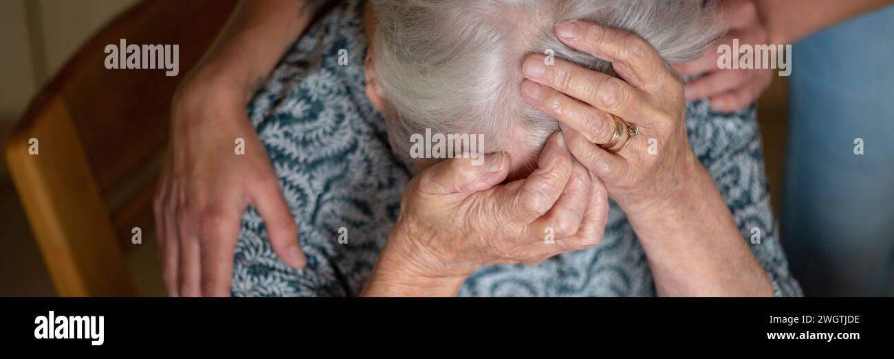 Upset elderly lady being comforted by her helped. Devastated, crying, Stock Photo