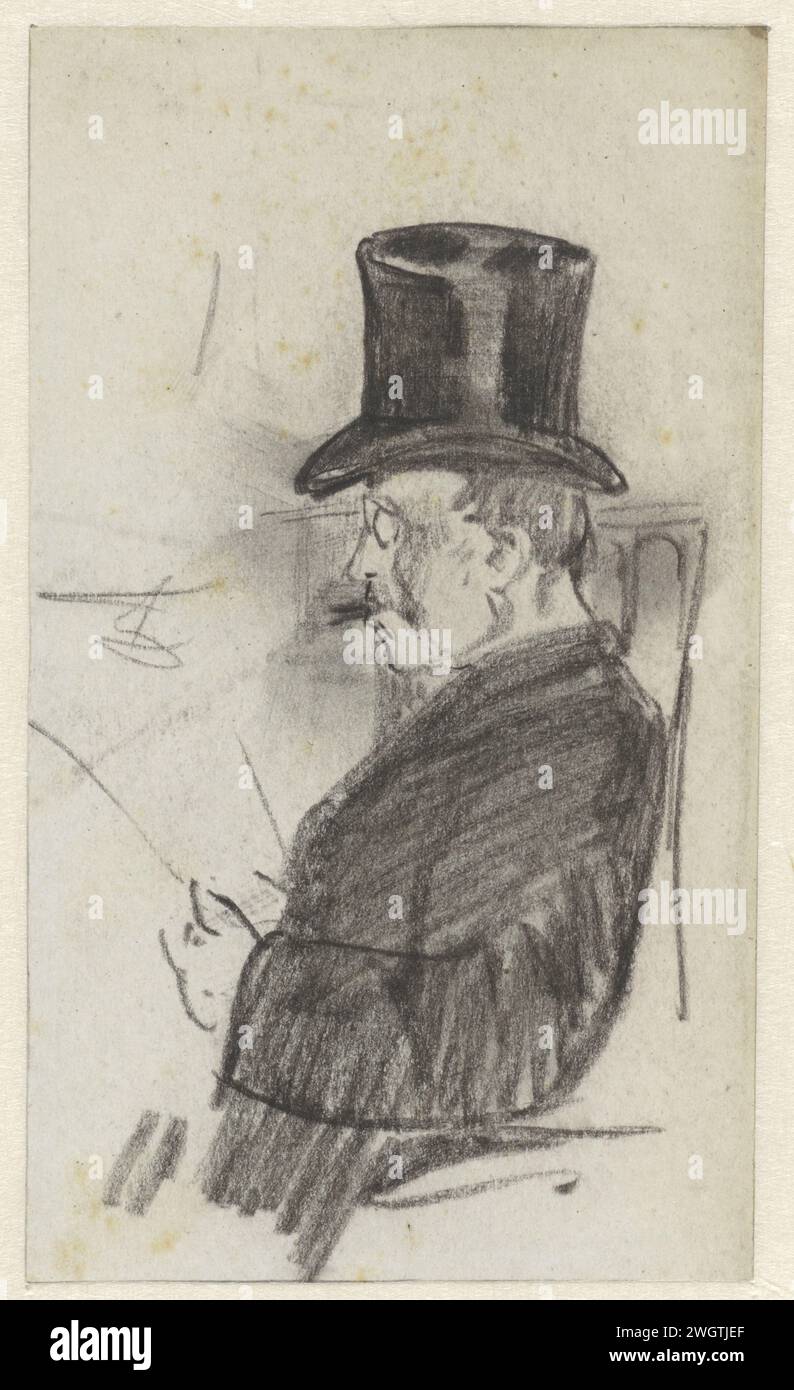 Newspaper reader with top hat, Jac van Looij, 1865 - 1930 drawing   paper. chalk  reading Stock Photo