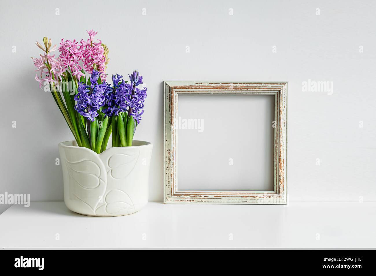 Wooden mock up photo frame and blooming hyacinth on a white table background Stock Photo