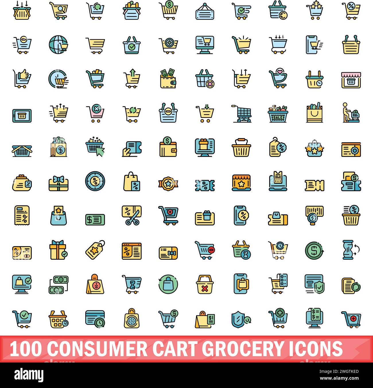 100 consumer cart grocery icons set. Color line set of consumer cart grocery vector icons thin line color flat on white Stock Vector