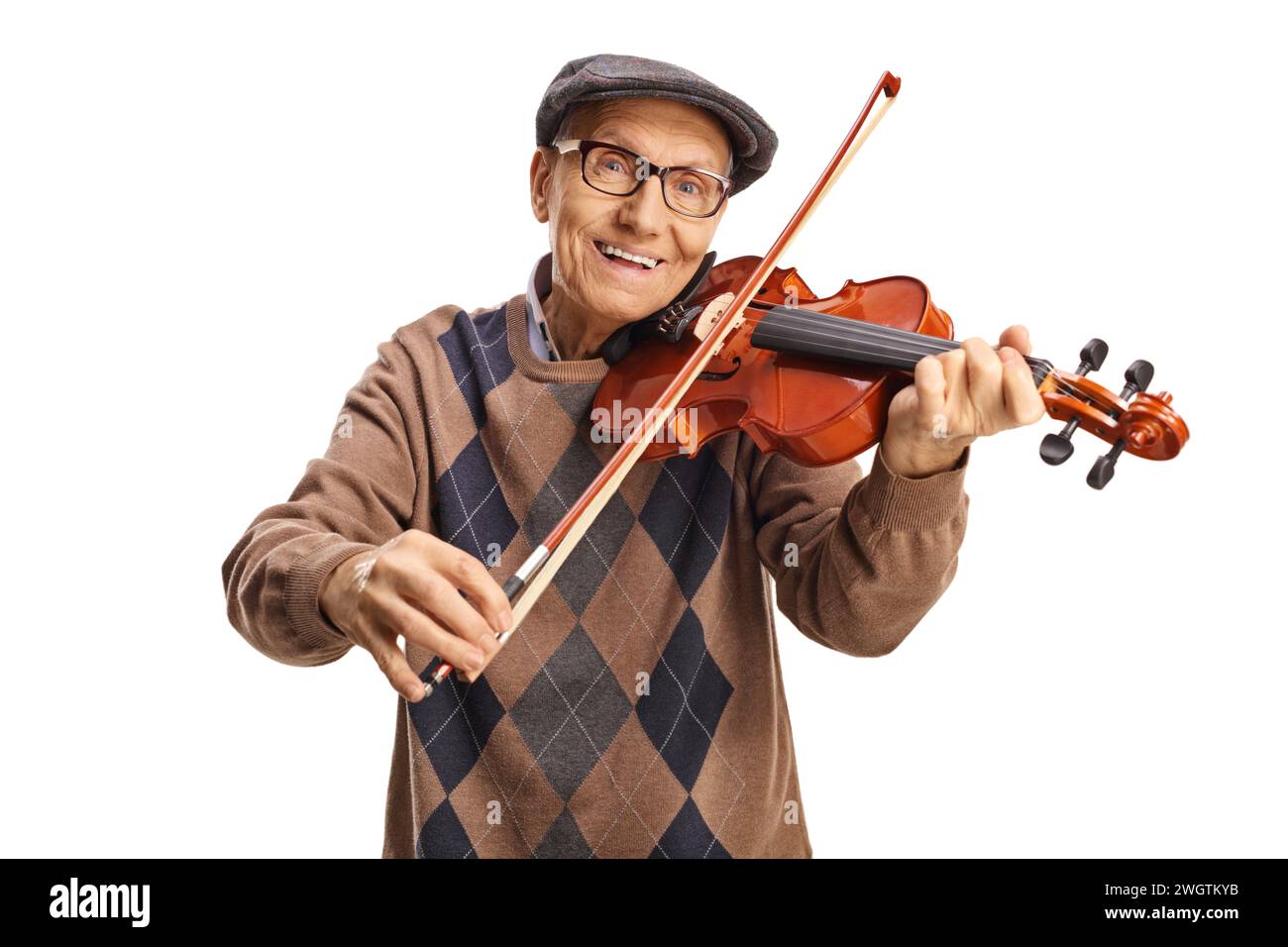 Happy senior man playing a violin and smiling isolated on white background Stock Photo
