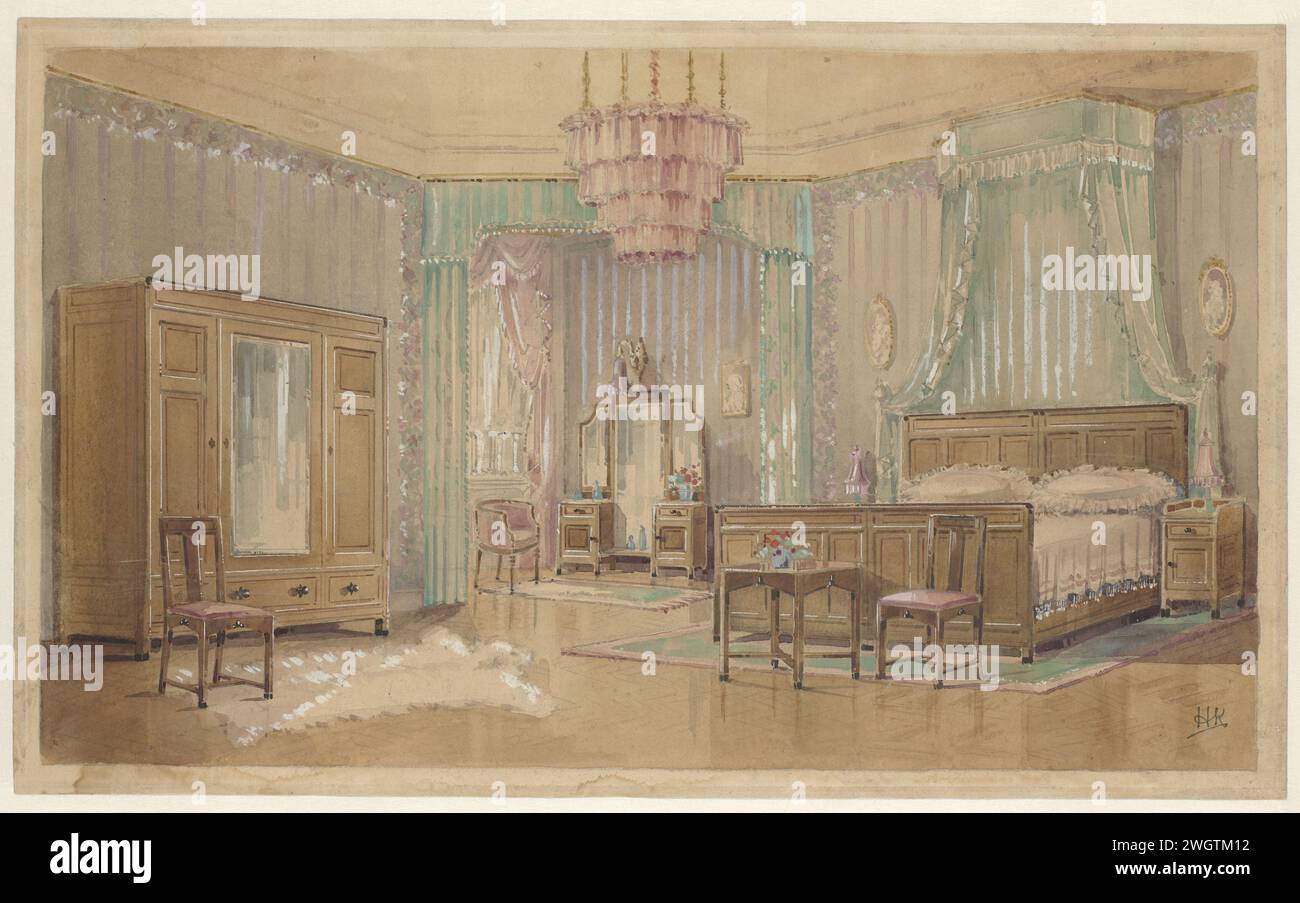 Bedroom with oval portraits, HK monogrammist (the Netherlands, 20th ...