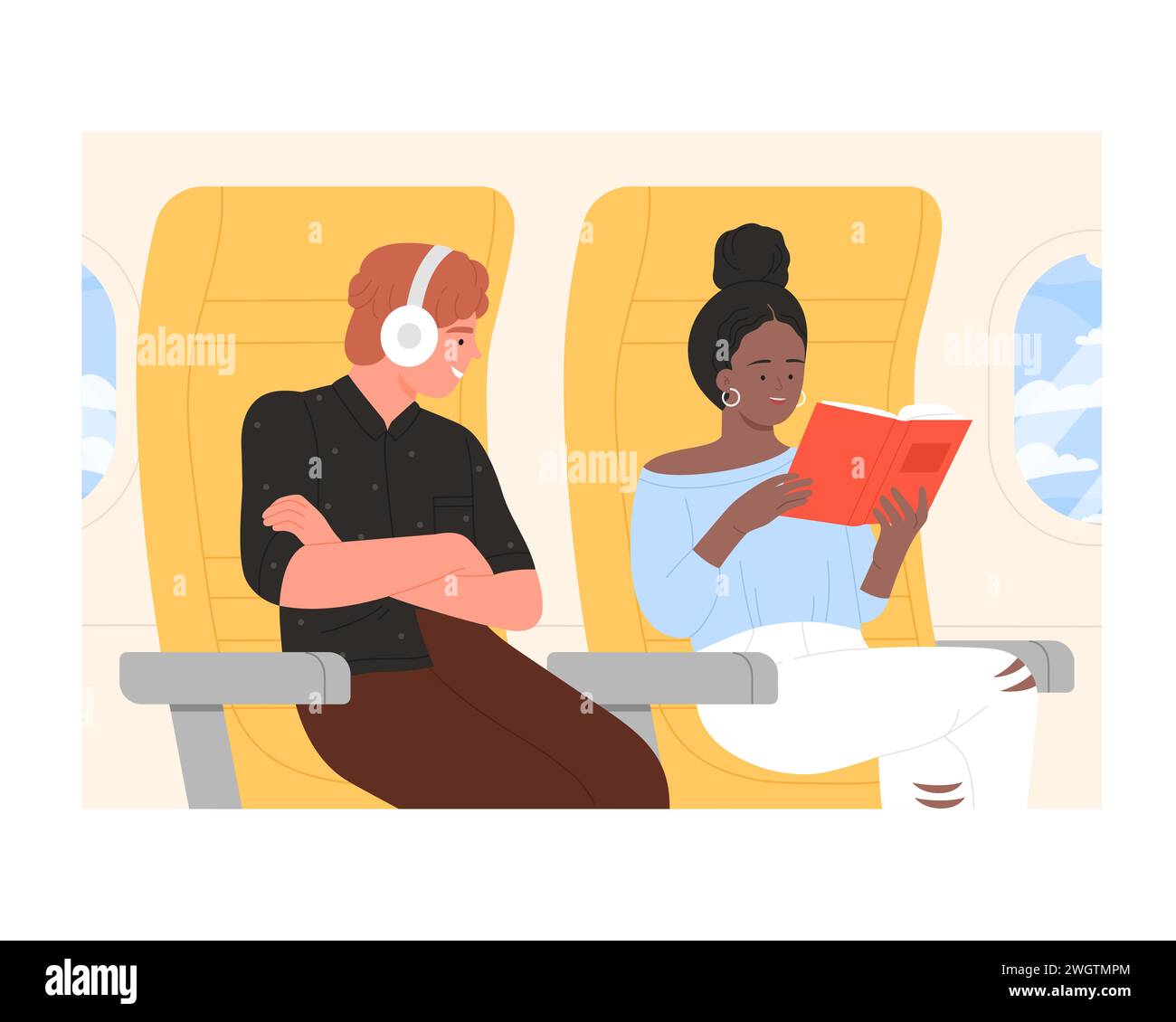 female-passenger-reading-book-on-plane-flight-boy-passenger-listening