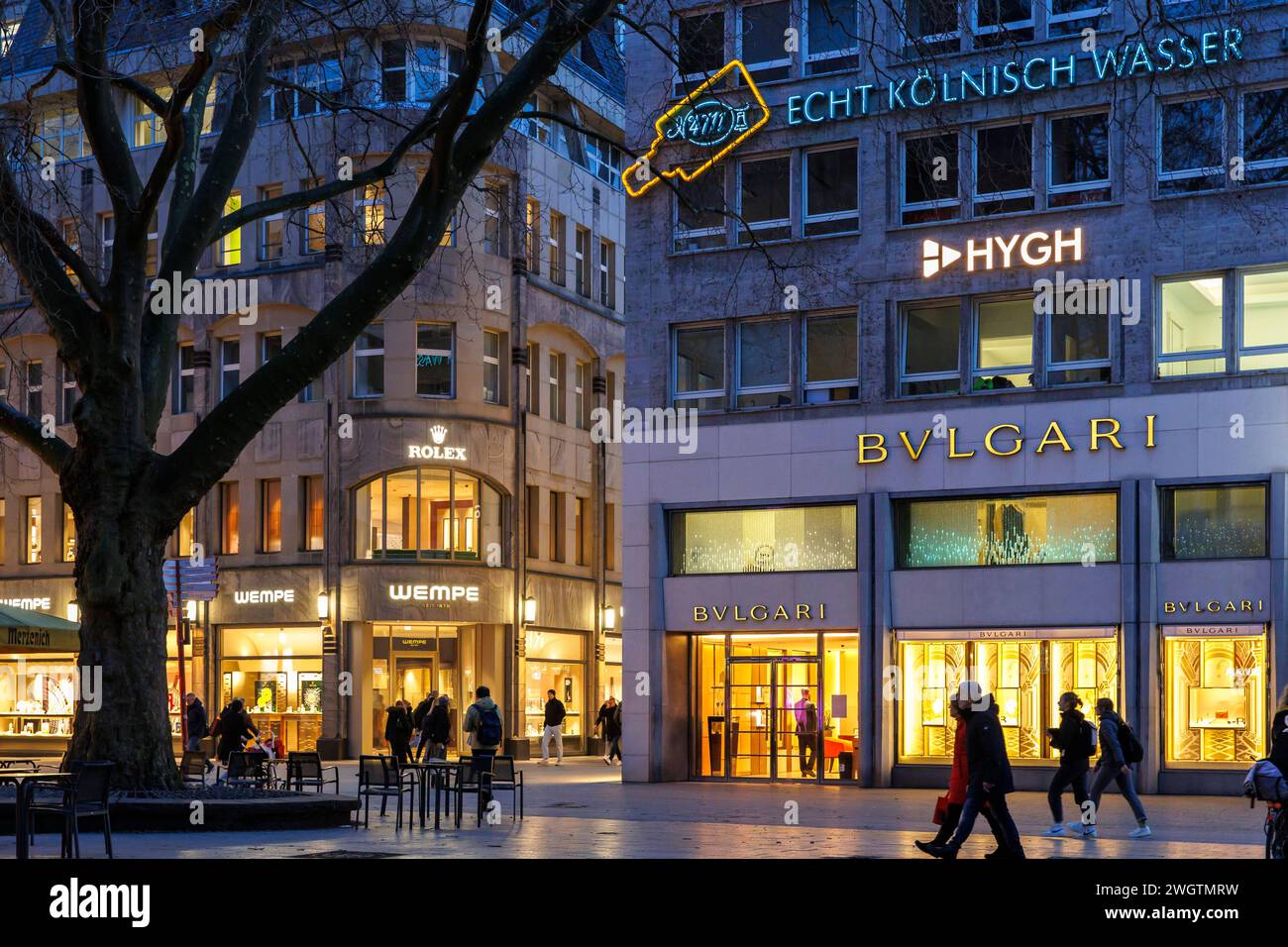 the jewelry stores of Wempe and Bulgari on Wallraf square, Cologne, Germany. Juweliergeschaefte von Wempe und Bulgari am Wallrafplatz, Koeln, Deutschl Stock Photo