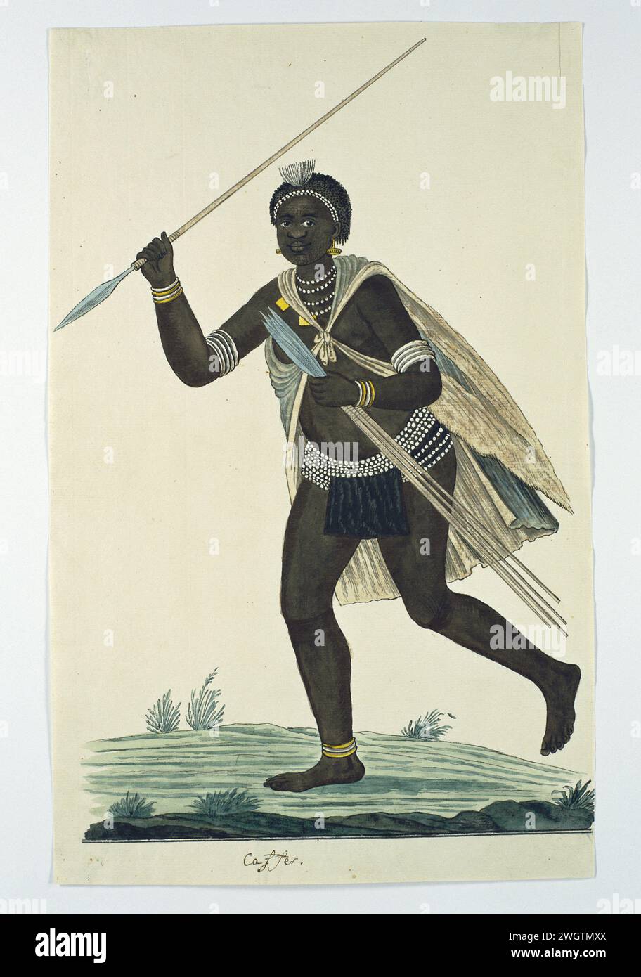 Running man holding an assegai in his right hand and four assegais in his left, 1776 - 1795 drawing XHOSA Warrier with a Assegaai in his lifted right hand and four in his left hand, to the left. Cape of Good Hope paper. deck paint. ink. watercolor (paint) pen / brush  Cape of Good Hope Stock Photo