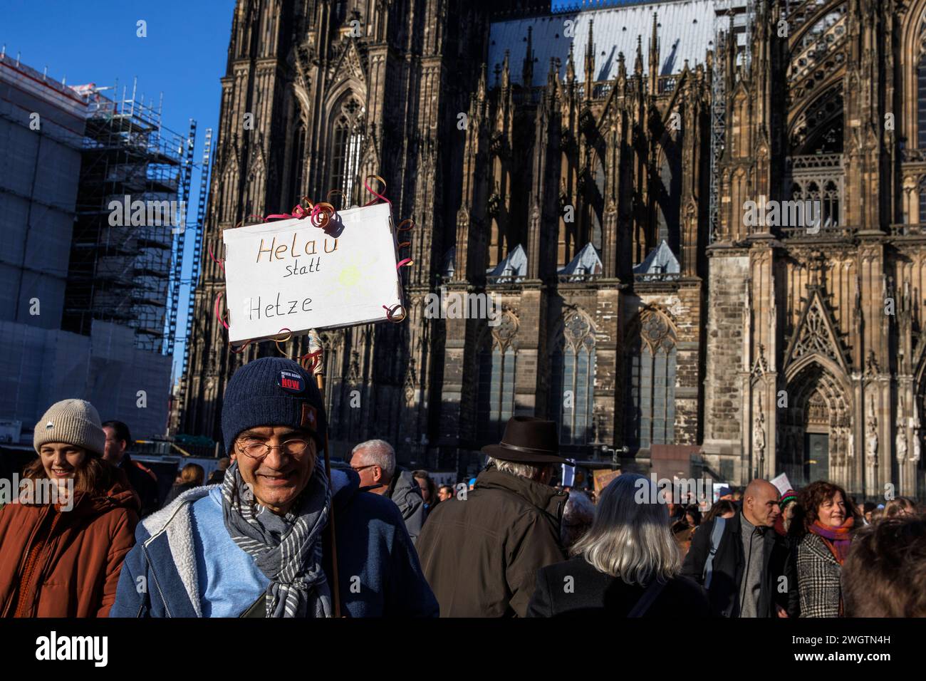 people protest in front of the cathedral against right-wing extremism and AFD, for democracy and fundamental rights, Cologne, Germany. January 27, 202 Stock Photo