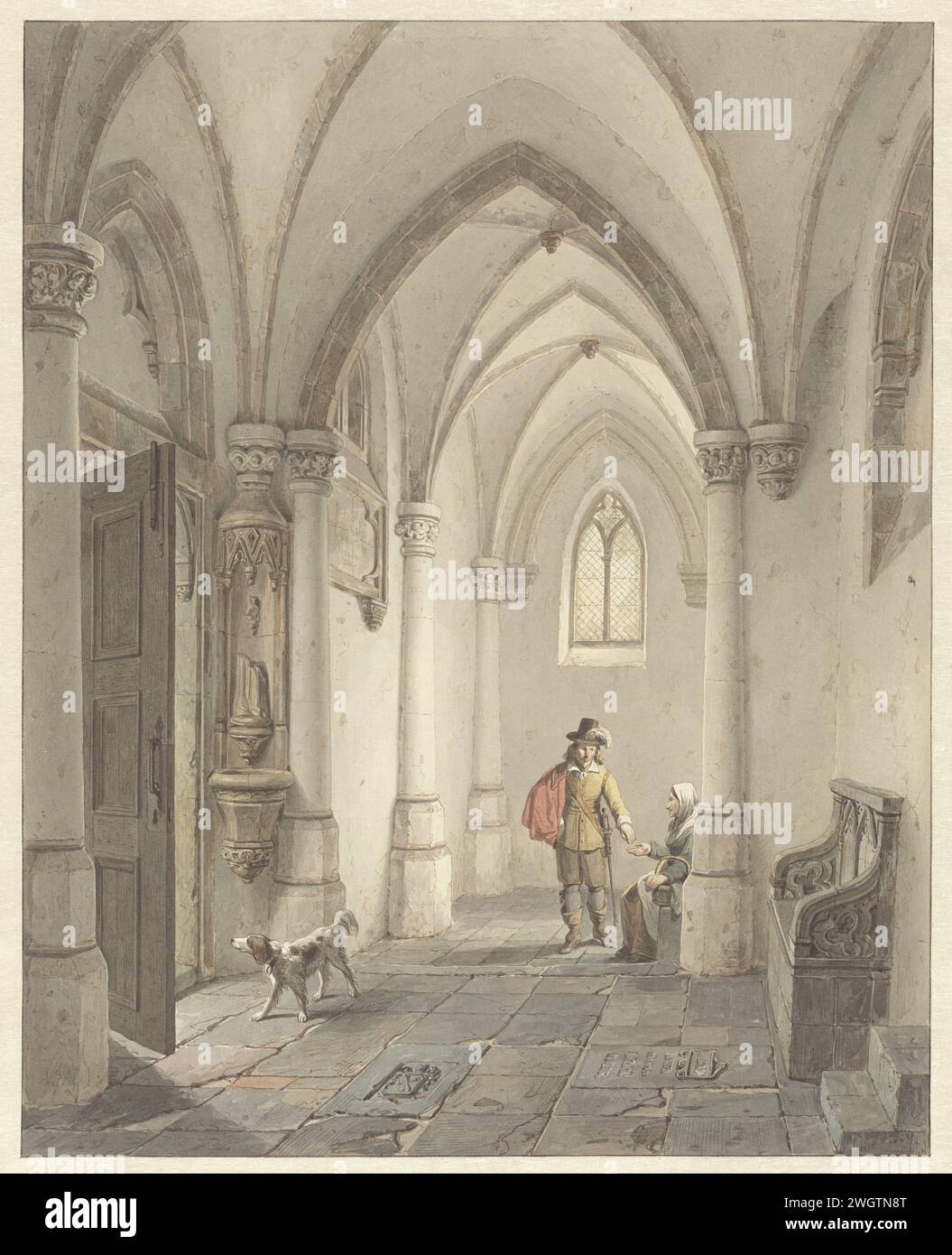 Church interior with man who gives beggar an alms, George Gillis Haanen, 1817 - 1879 drawing   paper. ink. watercolor (paint) brush / pen interior of church. beggar Stock Photo