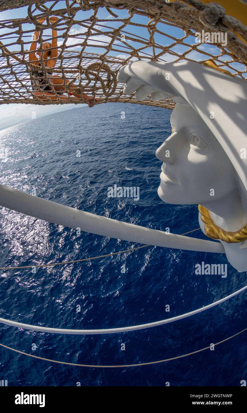 Bowsprit maiden on the Royal Clipper, Mediterranean Sea off Sardinia, Italy Stock Photo