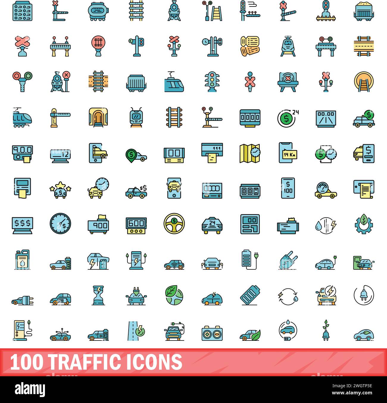 100 traffic icons set. Color line set of traffic vector icons thin line color flat on white Stock Vector