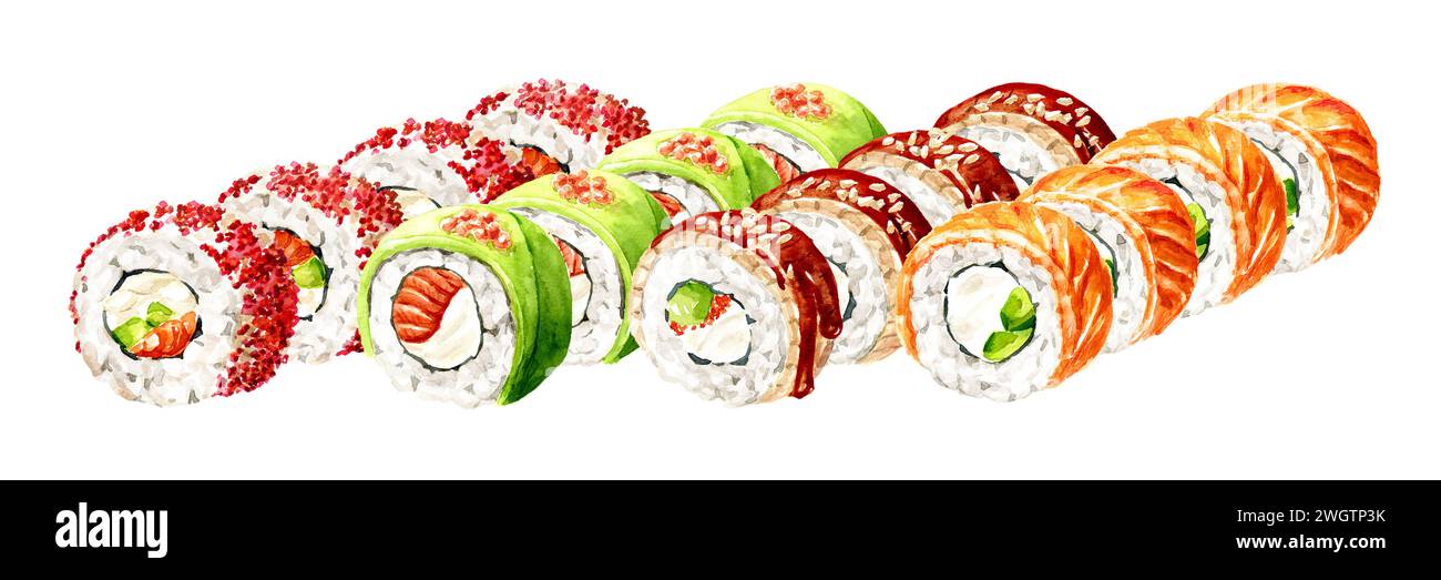 Japanese Sushi Rolls set, Hand drawn watercolor illustration isolated ...