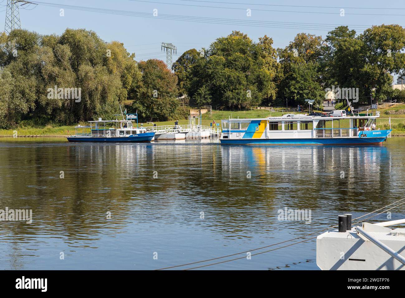 Fähre Coswig - Gauernitz und Ausflugschiff Bosel auf der Elbe, Coswig, Sachsen, Deutschland *** Ferry Coswig Gauernitz and excursion boat Bosel on the Stock Photo