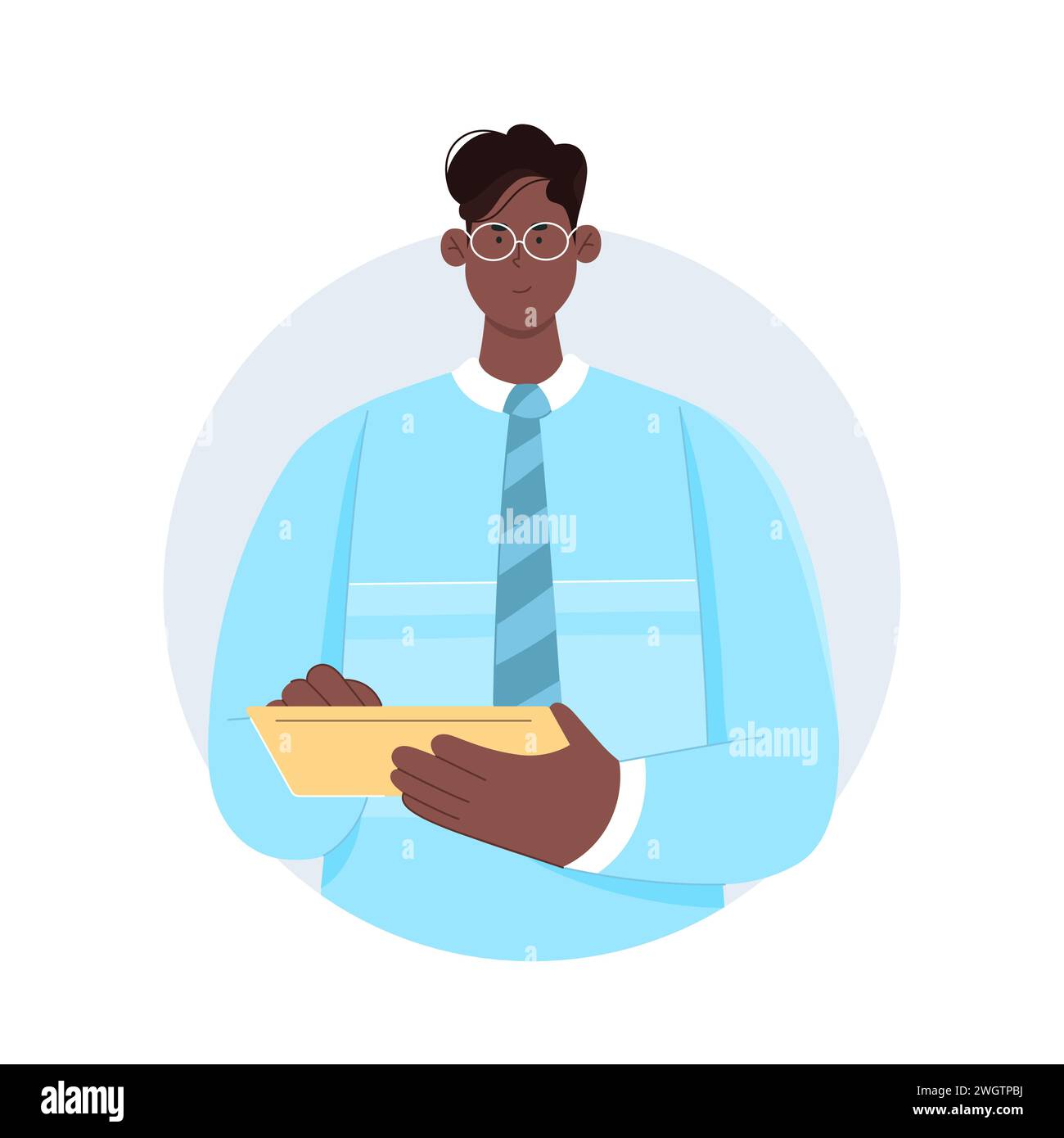 Businessman holding a tablet. Office manager, chief executive officer cartoon vector illustration Stock Vector