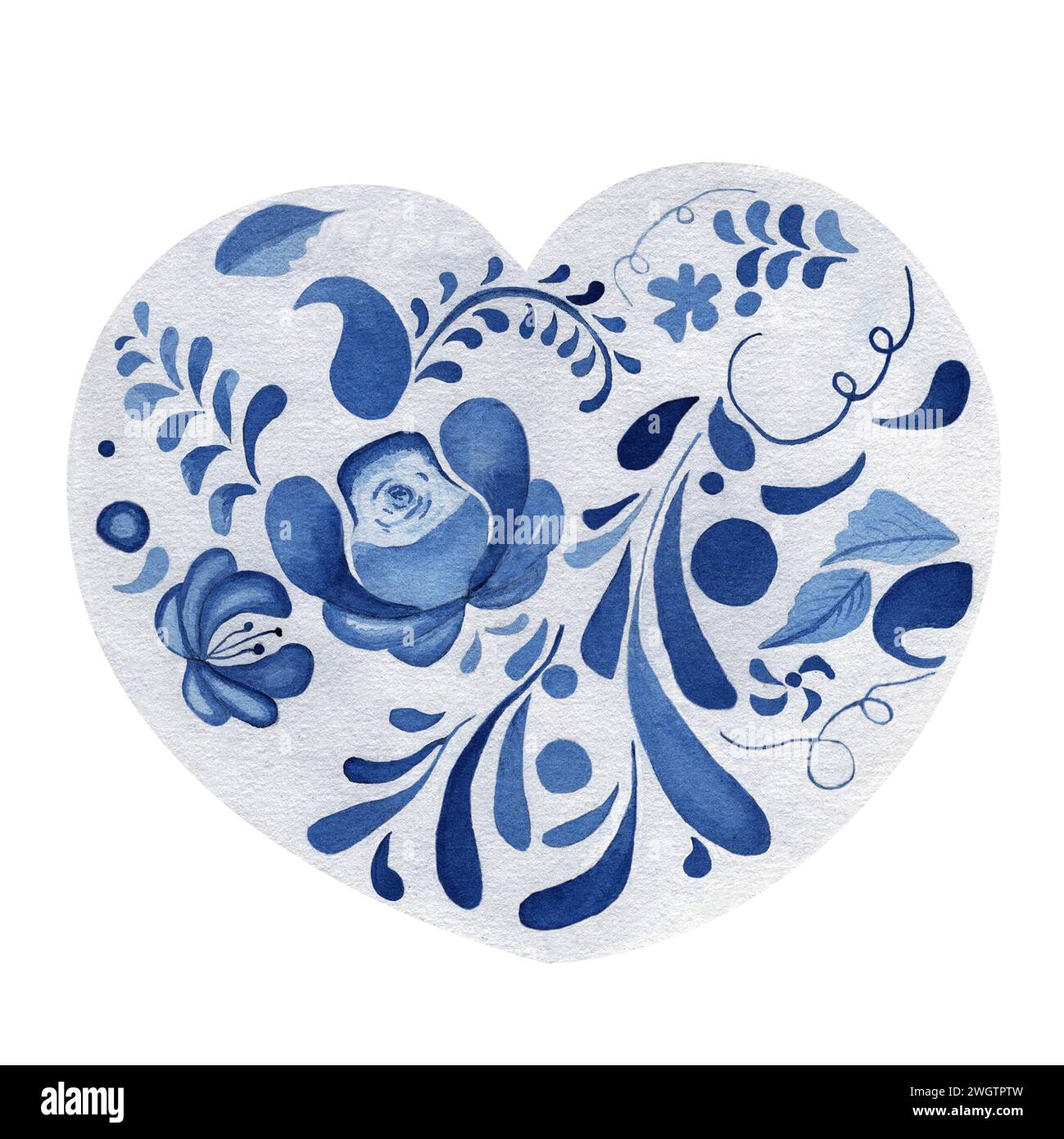 Watercolor illustration of white heart with blue ornament isolated on ...