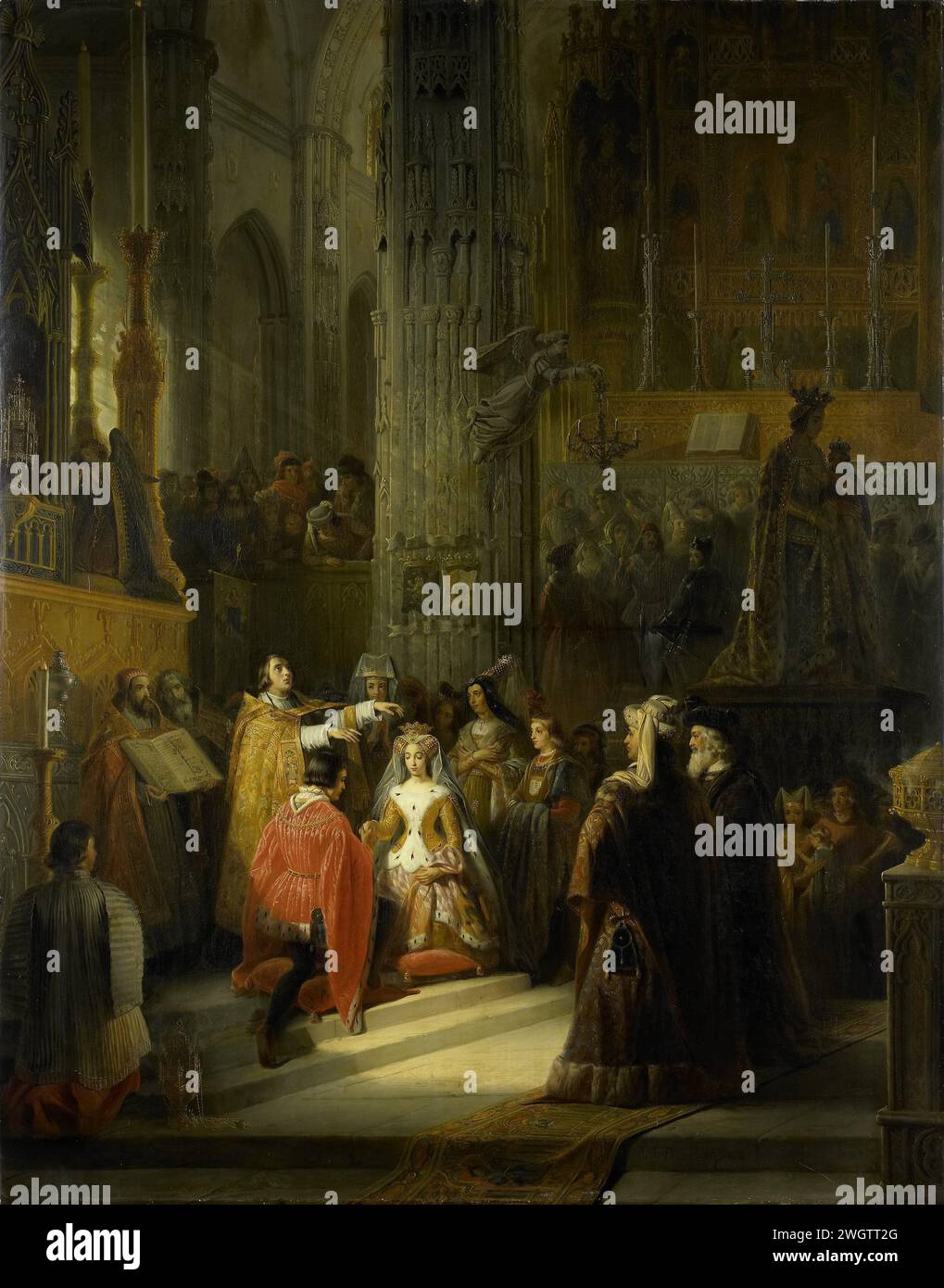 The Wedding of Jacoba of Bavaria, Countess of Holland, and Jan IV, Duke of Brabant, 10 March 1418, Jacob Joseph Eeckhout, 1839 painting The marriage of Jacoba van Beieren, Countess of Holland, and Jan IV, Duke van Brabant, closed on 10 March 1418 in the Hofkapel in The Hague. Church interior in which the couple, kneeling at the altar, is blessed by the priest. The collected attendees look, on the left the light flows through the church window inside.  canvas. oil paint (paint)  blessing the married couple Chapel Stock Photo