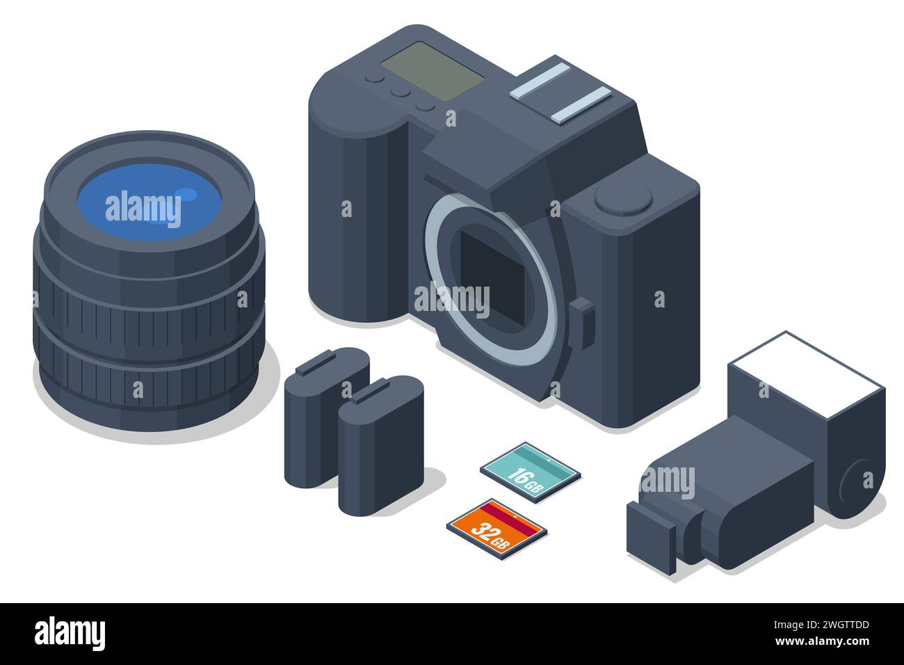 Isometric professional DSLR photo camera, Digital camera. Media technology and photography concept Stock Vector